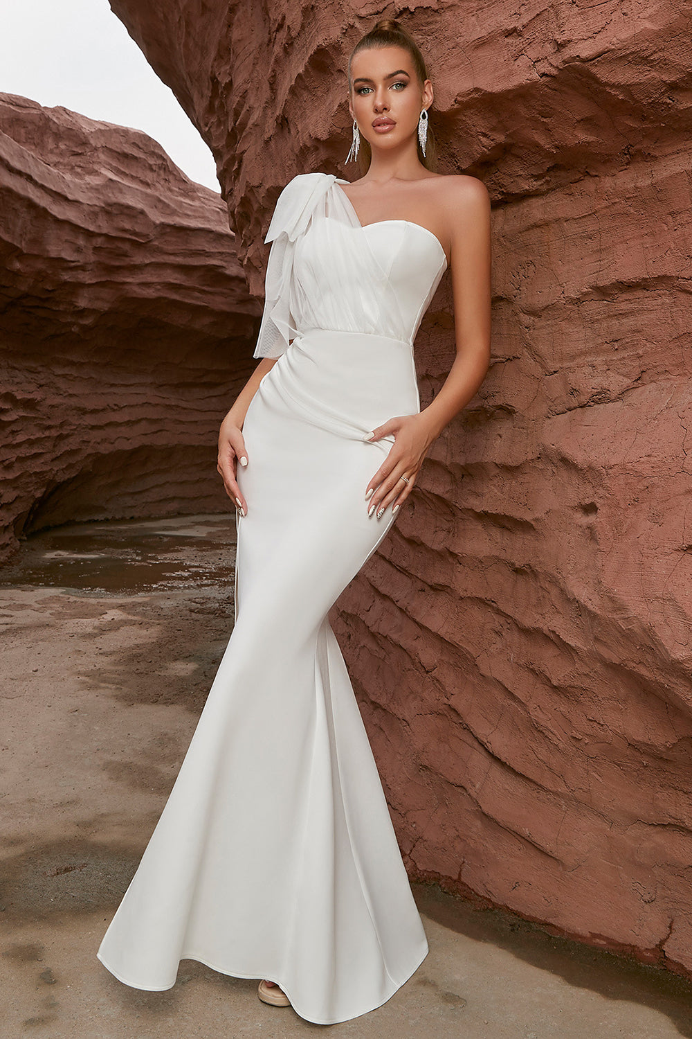 White Mermaid One Shoulder Long Formal Dress With Slit