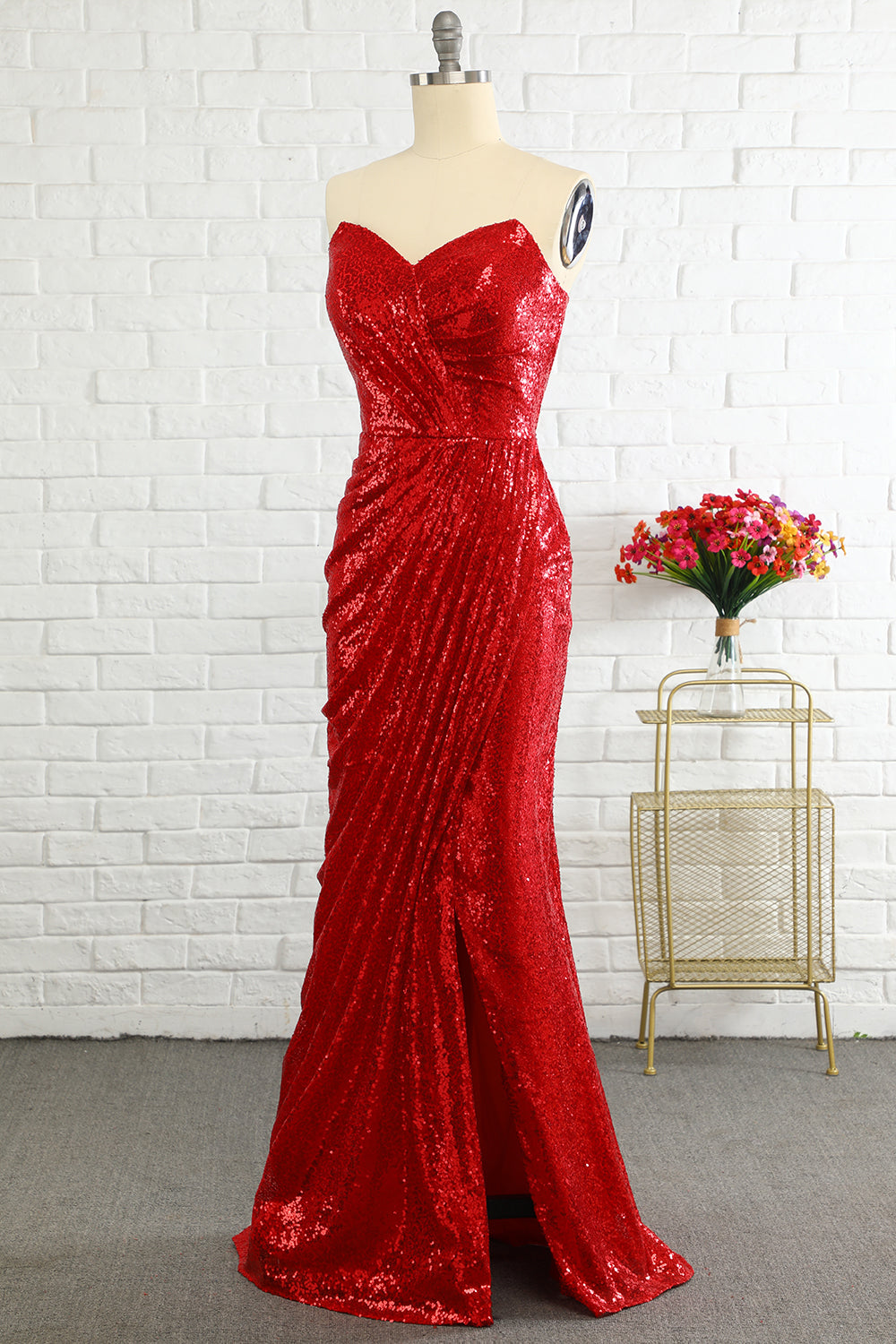 Sheath Sweetheart Red Sequins Prom Dress with Sequins