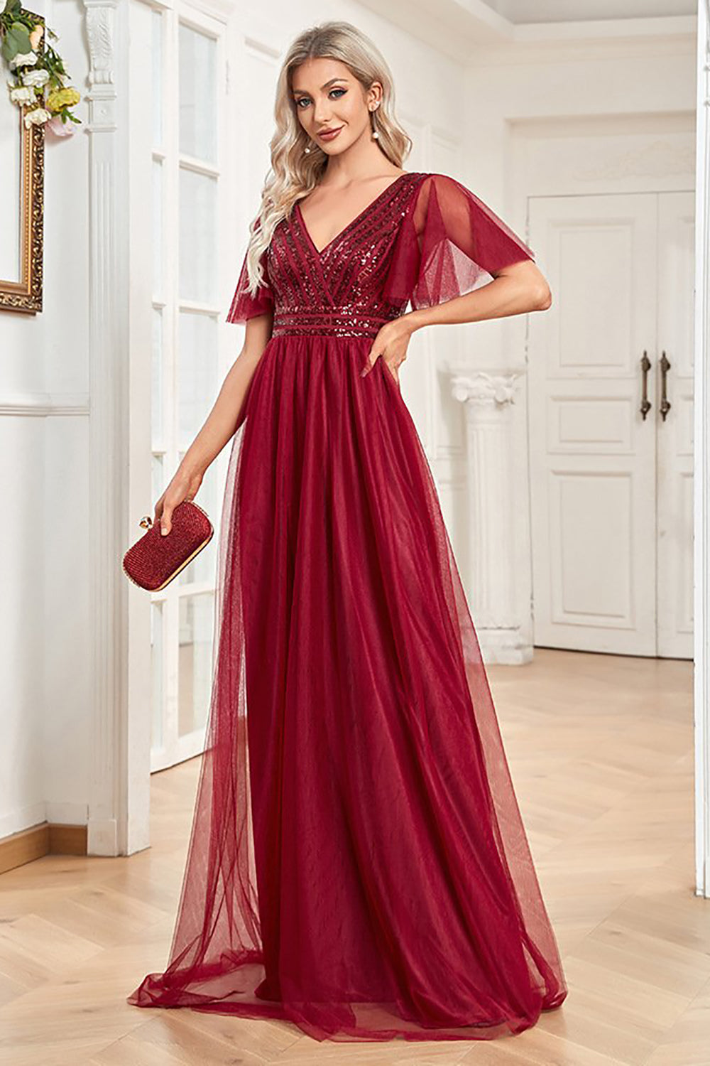A Line Burgundy Sparkly V-Neck Long Prom Dress