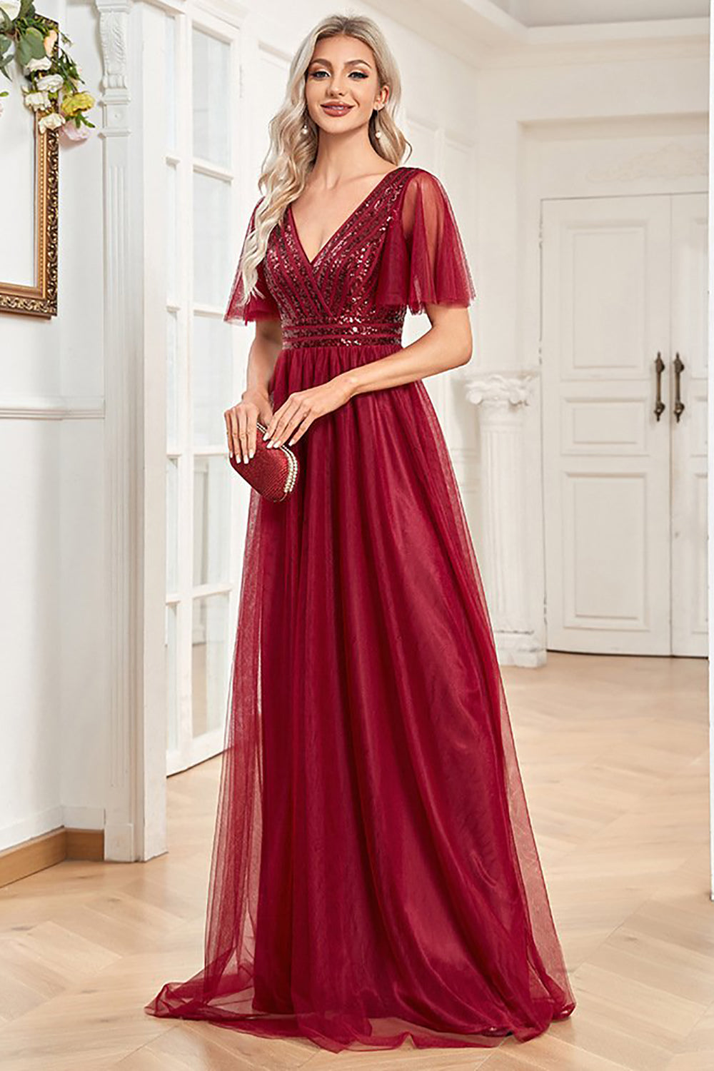 A Line Burgundy Sparkly V-Neck Long Prom Dress