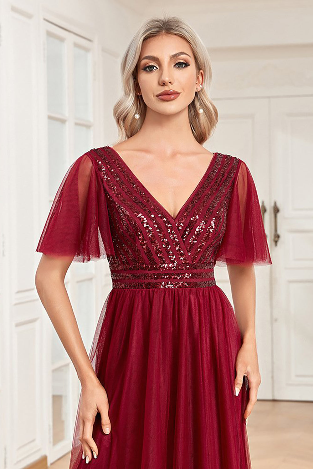 A Line Burgundy Sparkly V-Neck Long Prom Dress