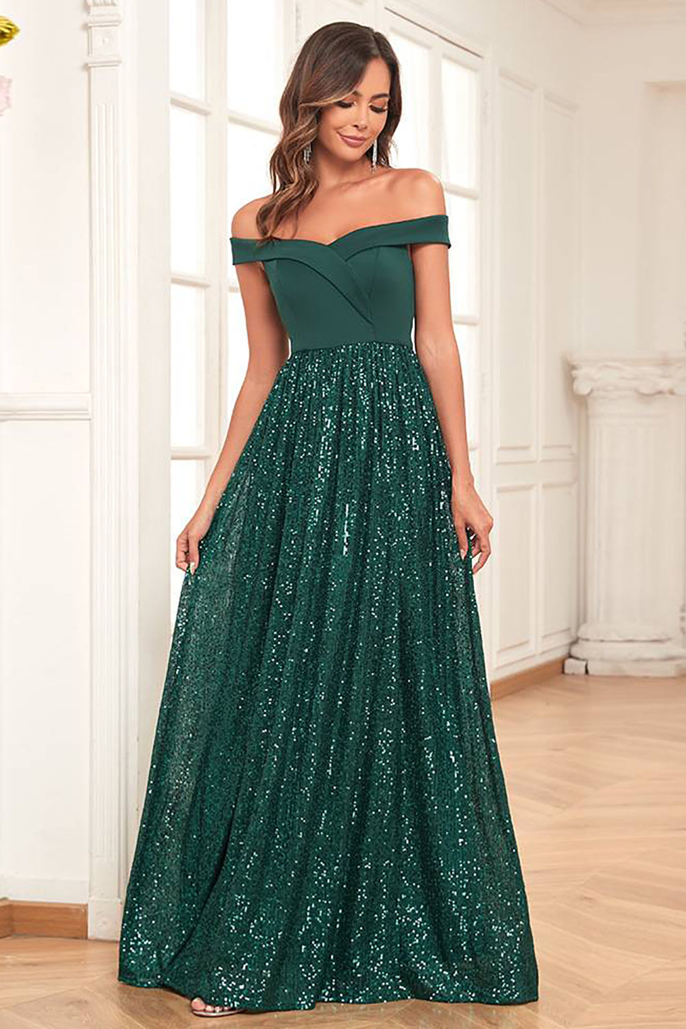 A-Line Off the Shoulder Dark Green Prom Dress With Sequins