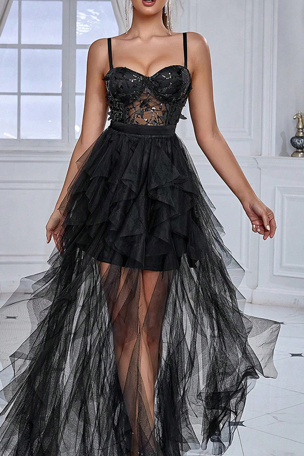 Black Spaghetti Straps A Line Prom Dress with Slit
