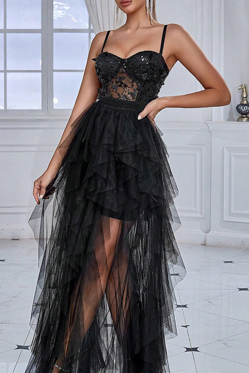 Black Spaghetti Straps A Line Prom Dress with Slit