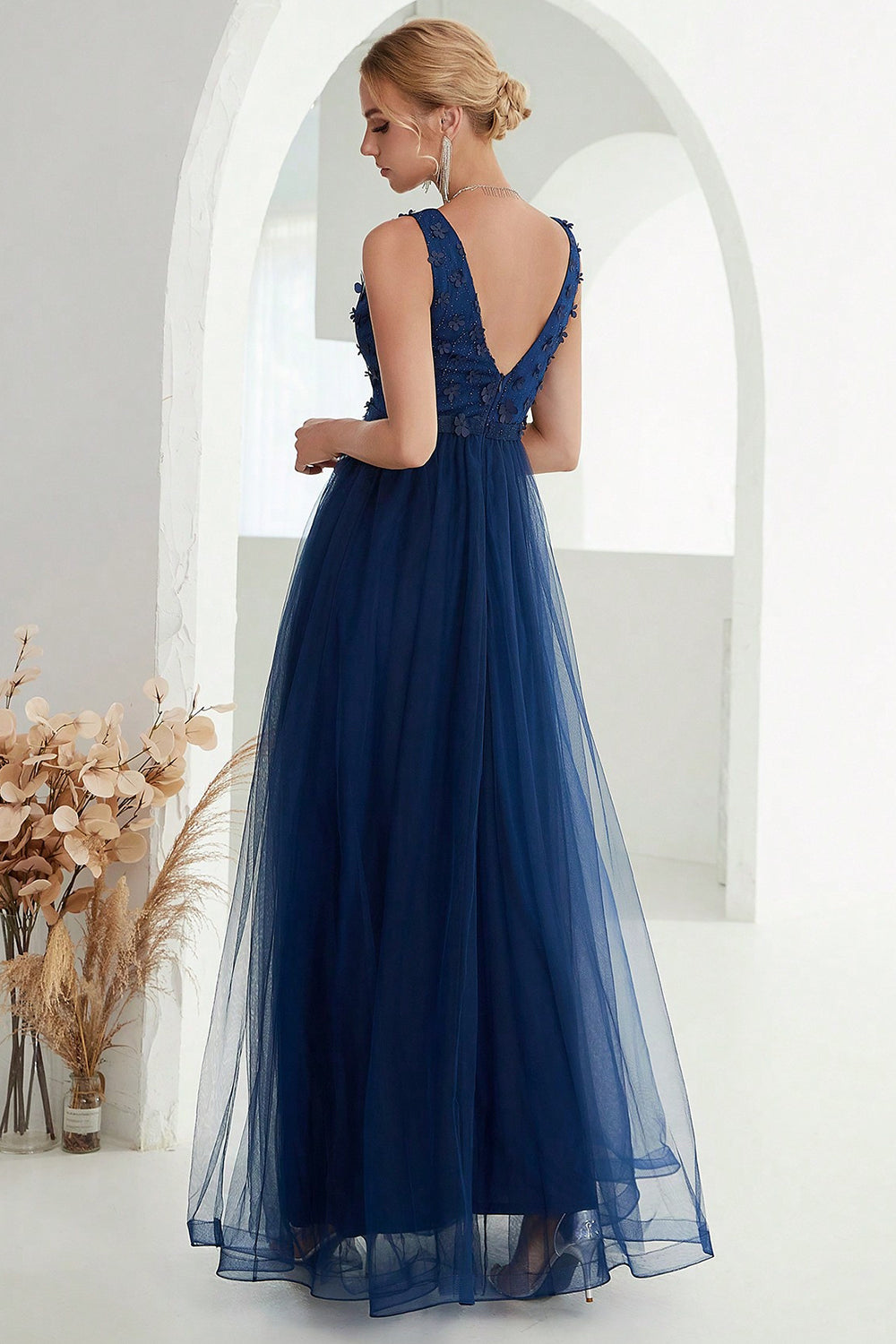 Navy A Line Tulle Long Formal Dress With Slit