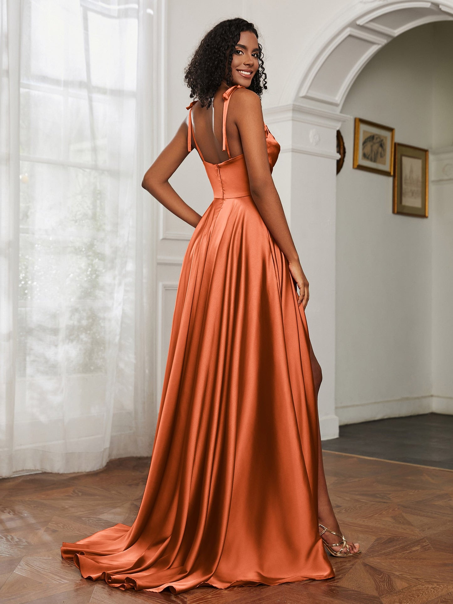 Cowl Neck A-Line Dress With Slit Rust