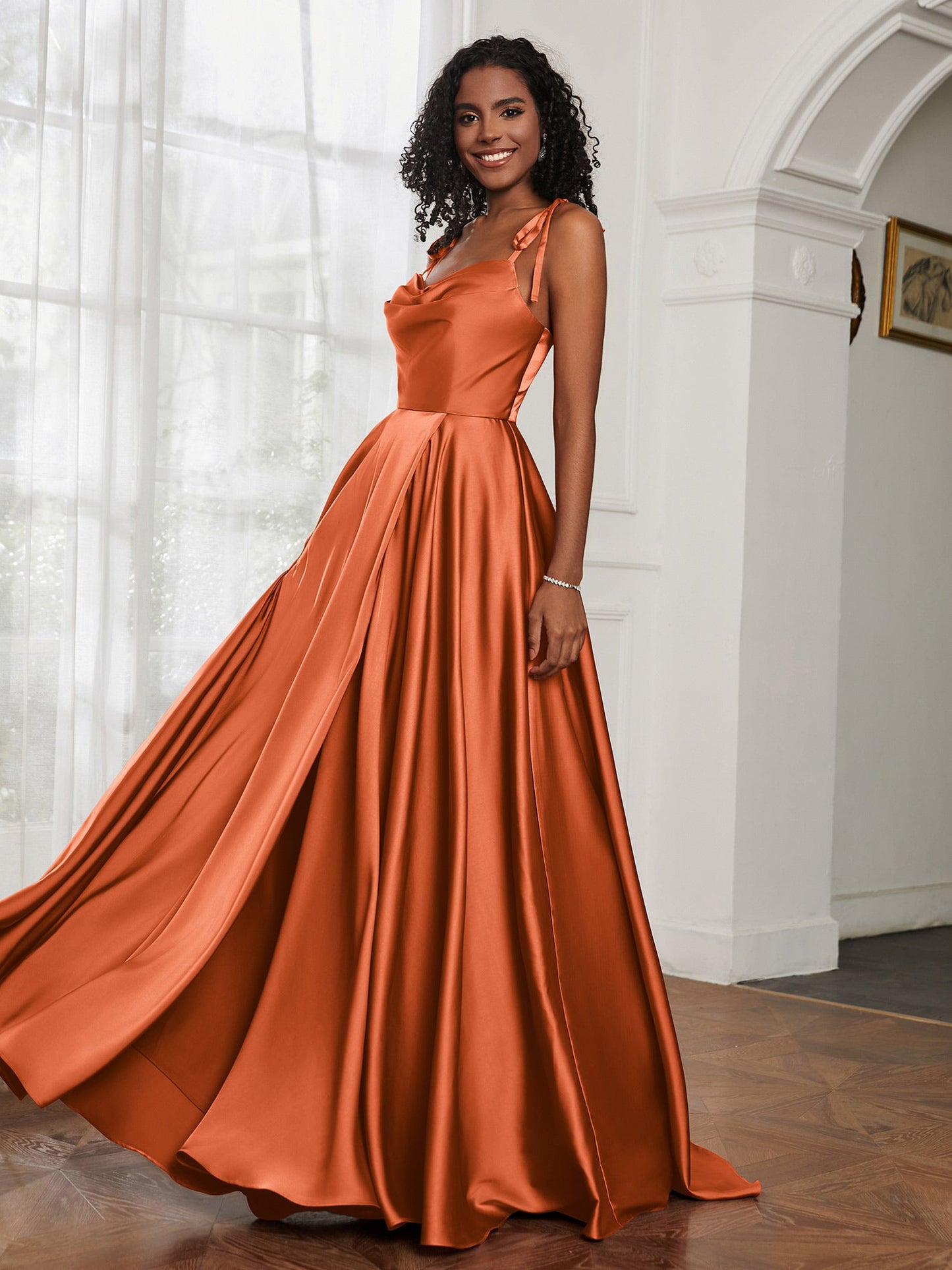 Cowl Neck A-Line Dress With Slit Rust