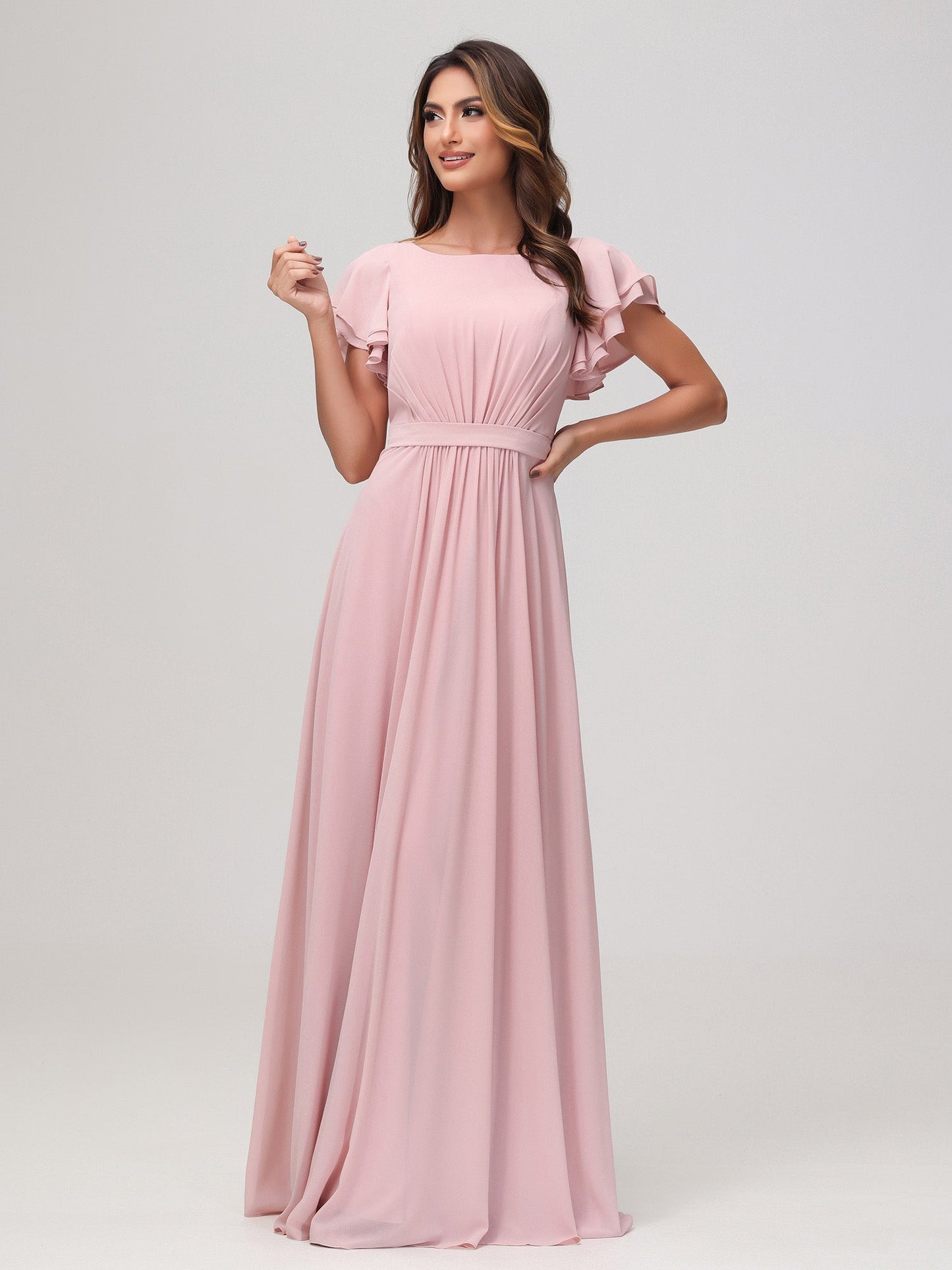 Bateau Neckline Flutter Sleeves Floor-length Dress Dusty Rose