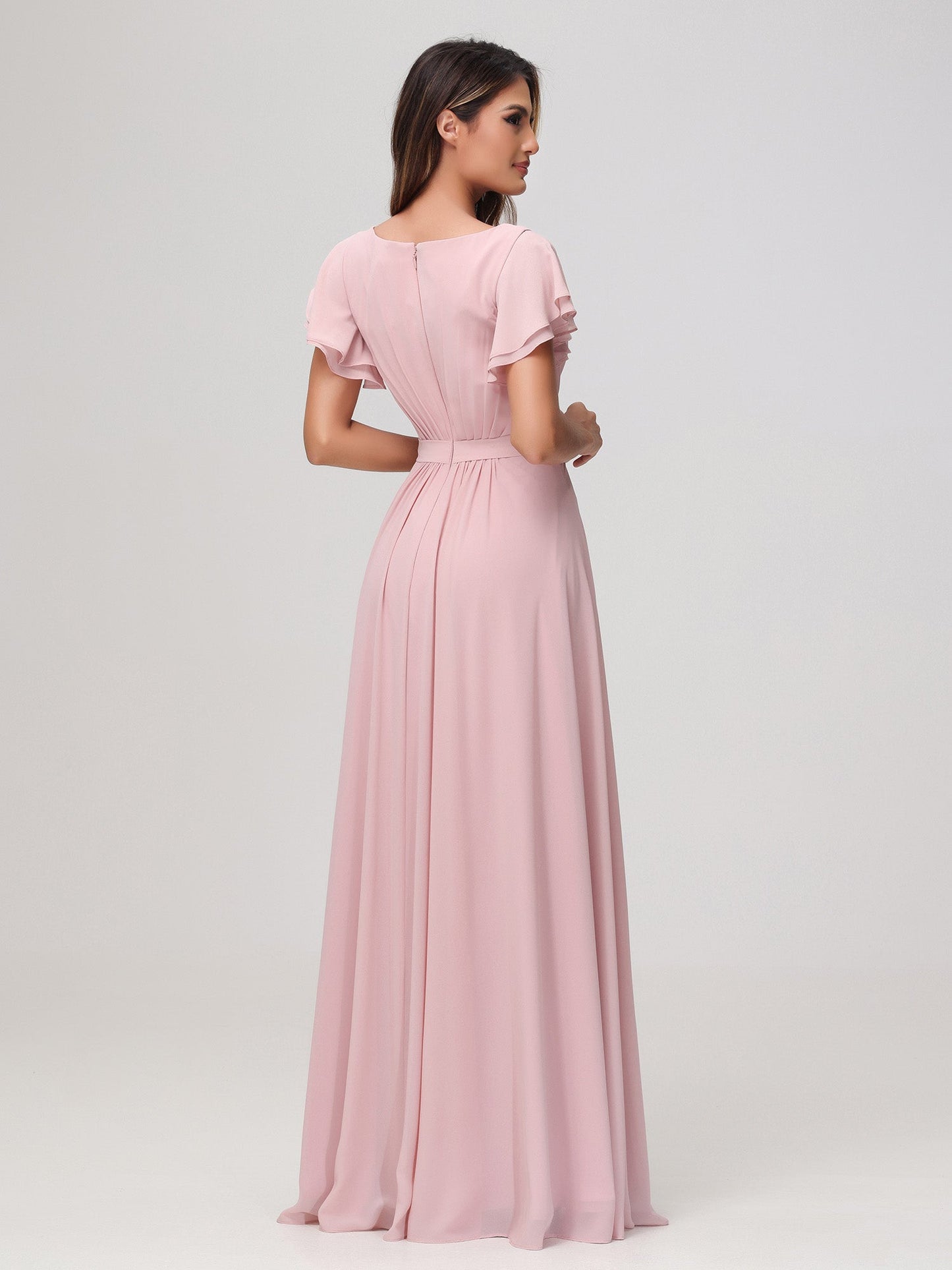 Bateau Neckline Flutter Sleeves Floor-length Dress Dusty Rose