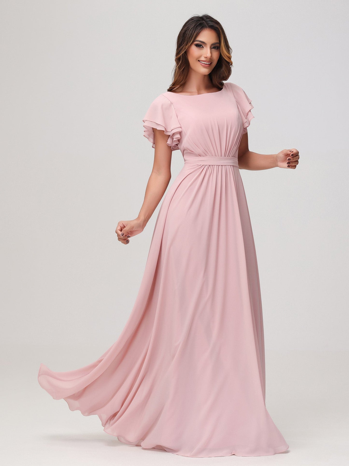 Bateau Neckline Flutter Sleeves Floor-length Dress Dusty Rose