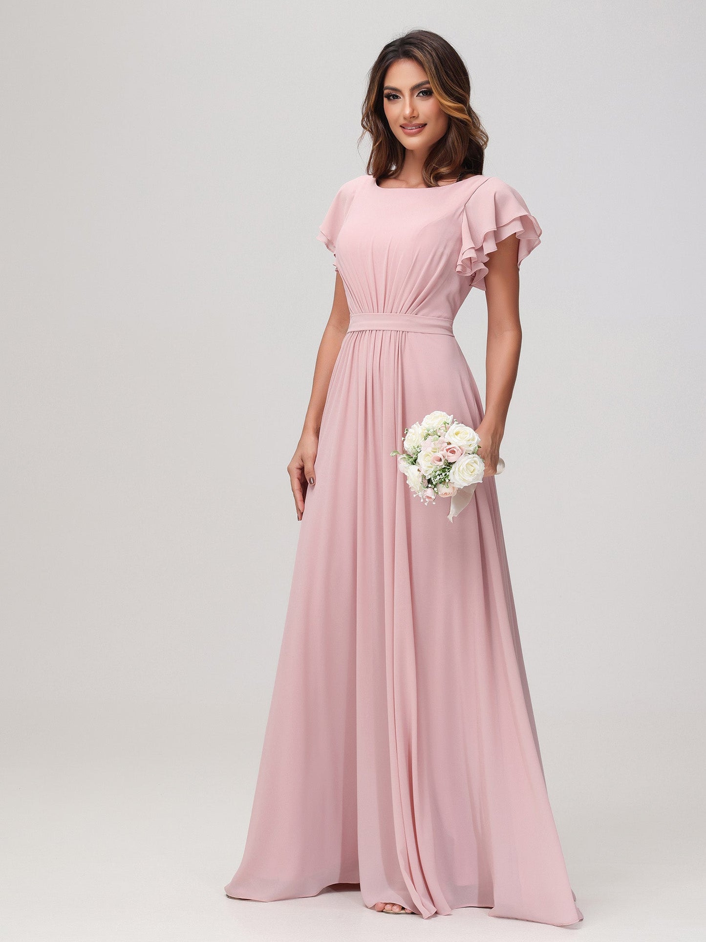 Bateau Neckline Flutter Sleeves Floor-length Dress Dusty Rose