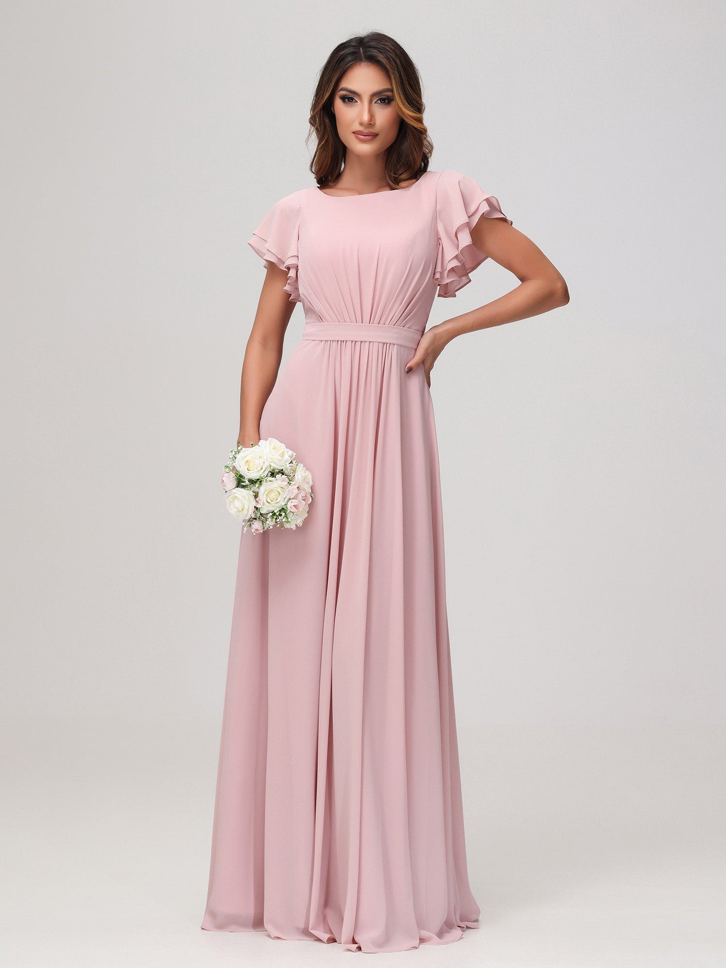 Bateau Neckline Flutter Sleeves Floor-length Dress Dusty Rose