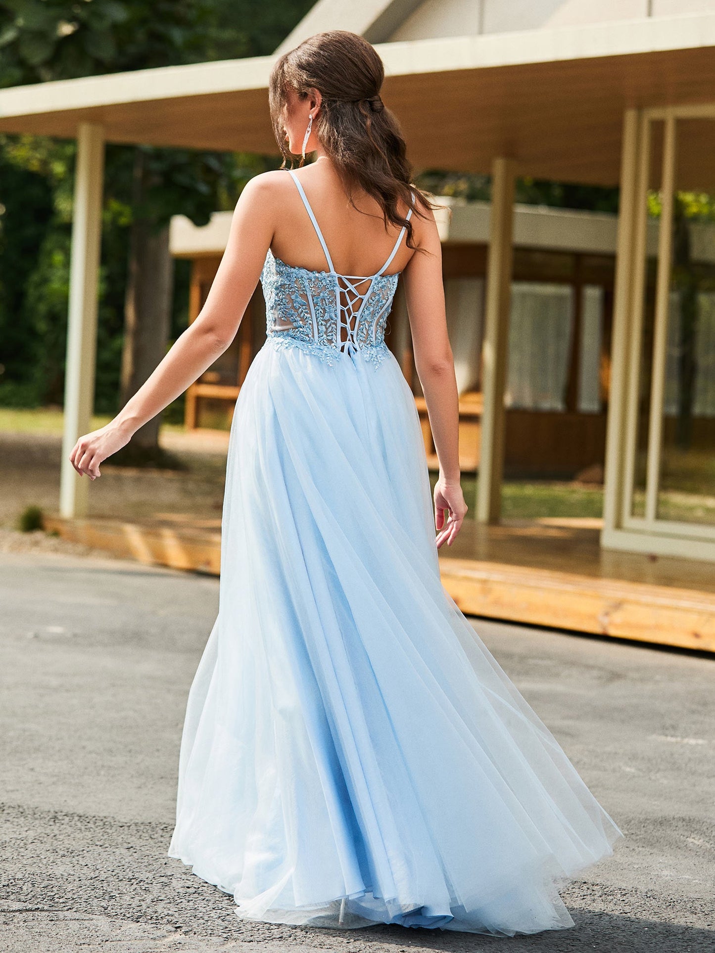 Flower Appliqued Corset Top Maxi Dress Sky Blue