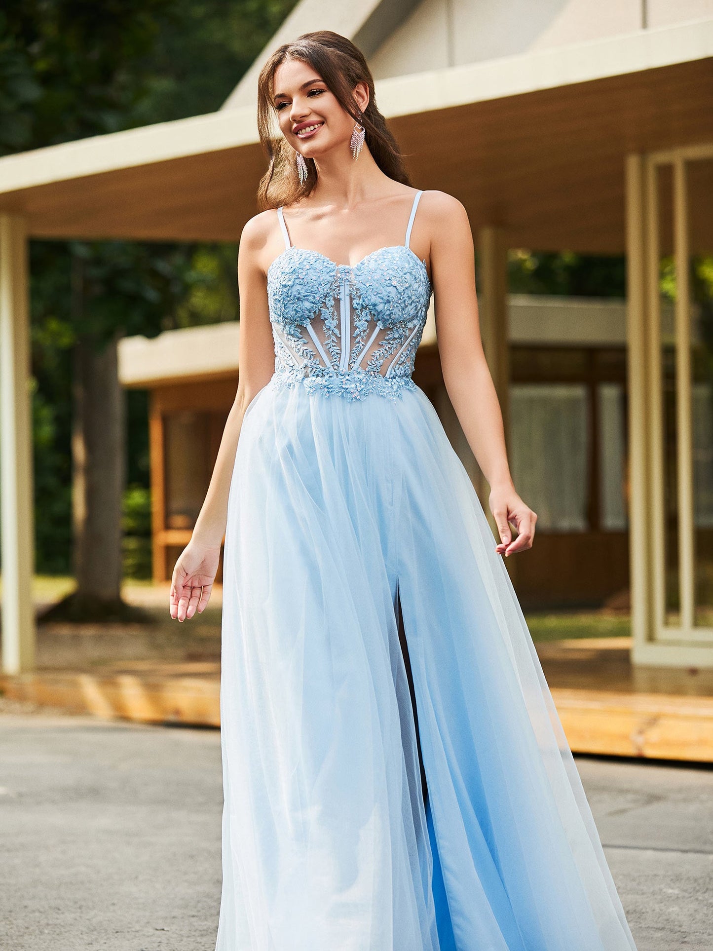 Flower Appliqued Corset Top Maxi Dress Sky Blue