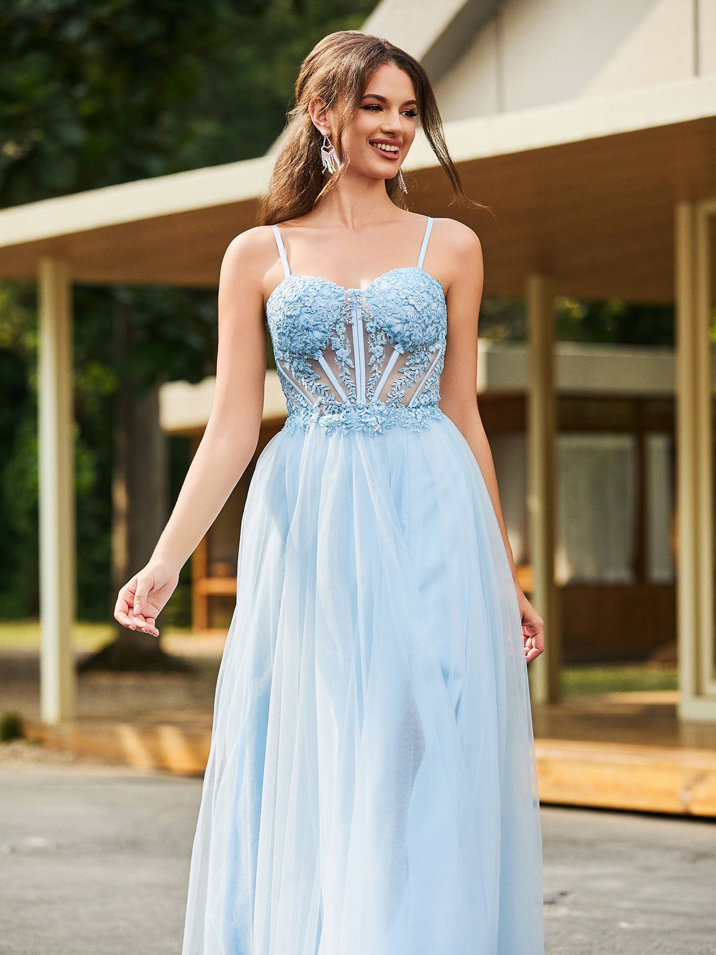 Flower Appliqued Corset Top Maxi Dress Sky Blue