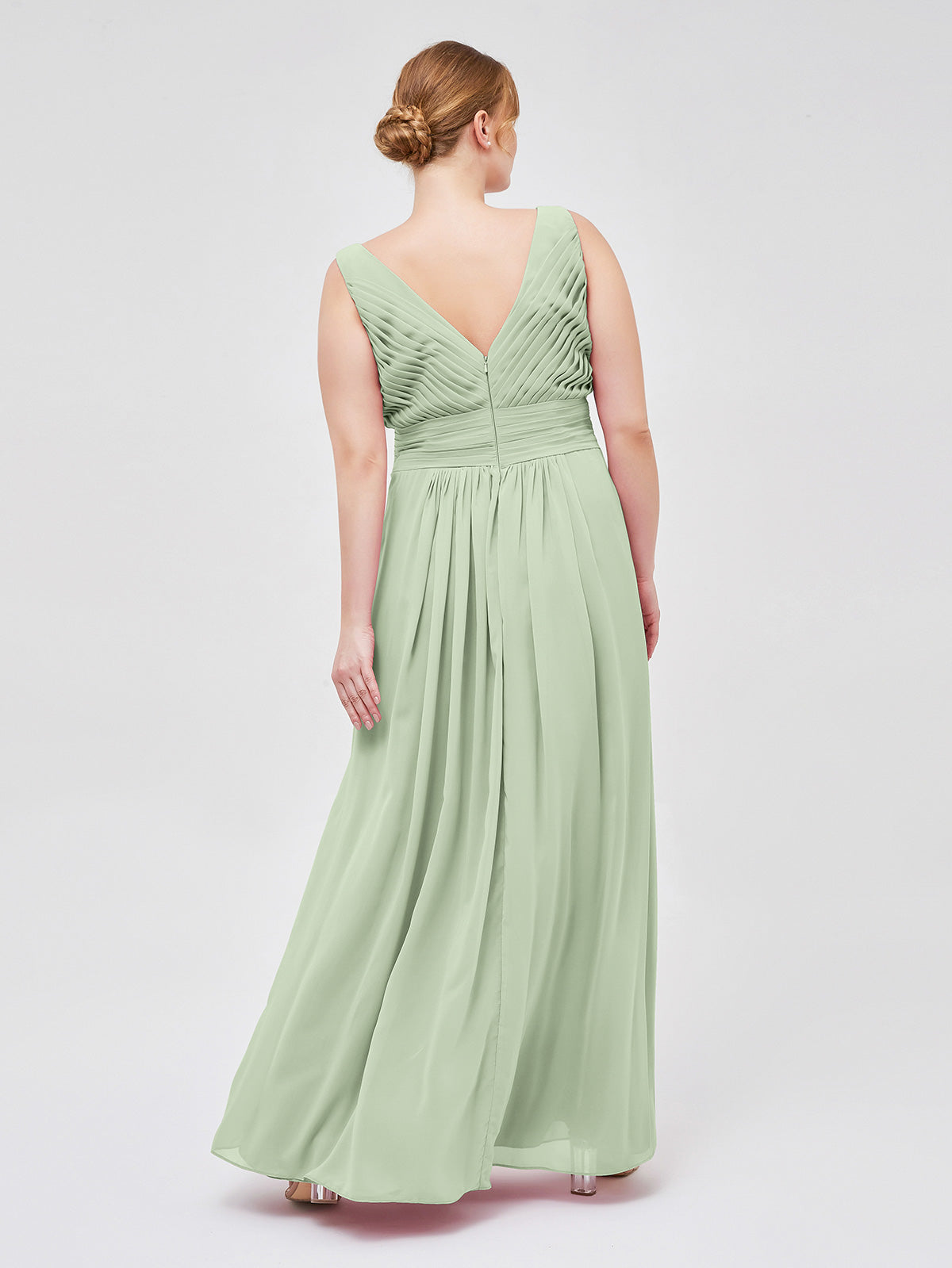 V-neck Full Length Chiffon Dress with Pleated Bodice Dusty Sage