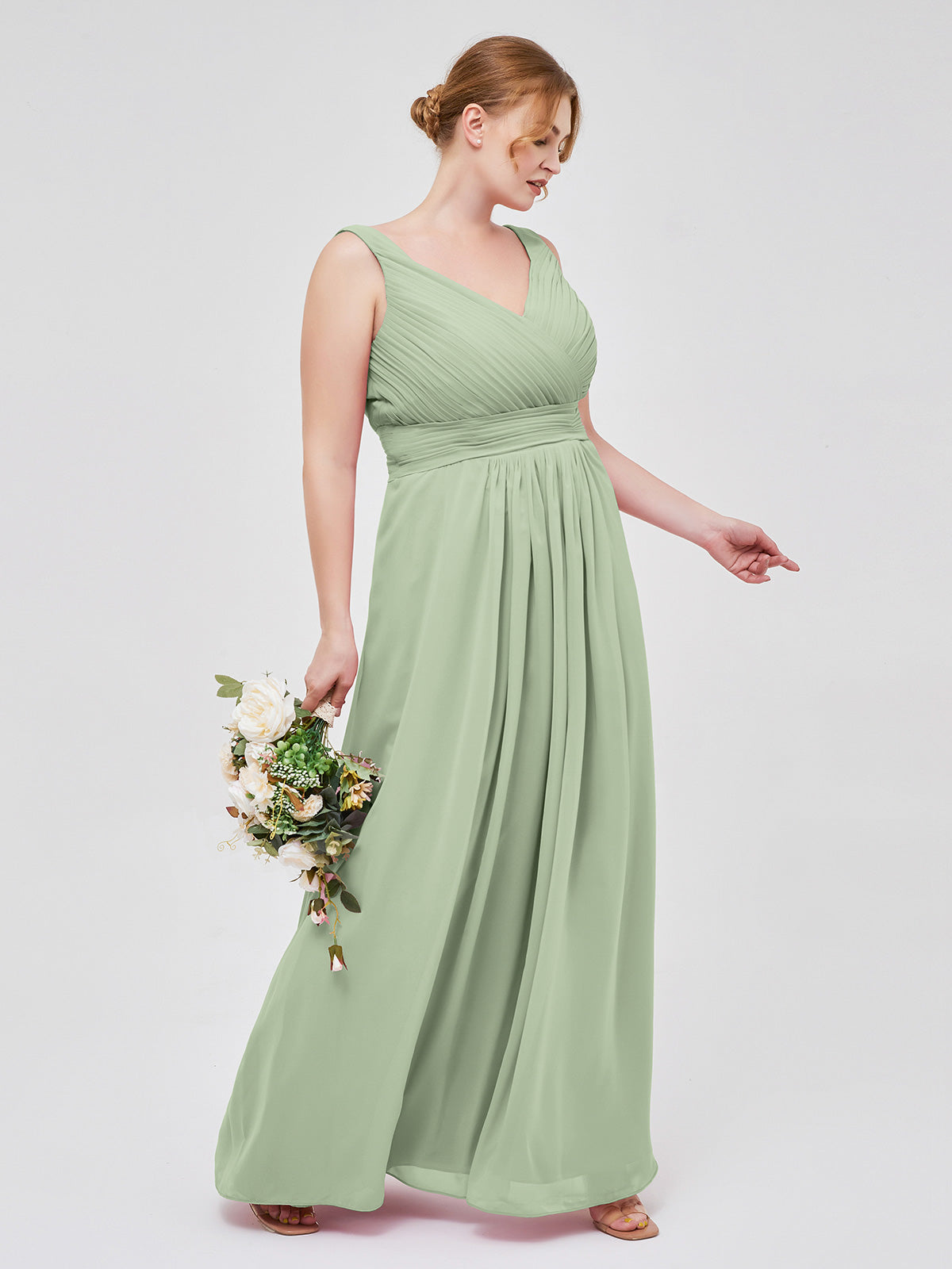 V-neck Full Length Chiffon Dress with Pleated Bodice Dusty Sage
