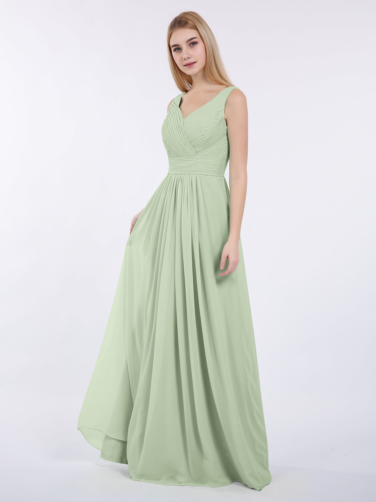 V-neck Full Length Chiffon Dress with Pleated Bodice Dusty Sage