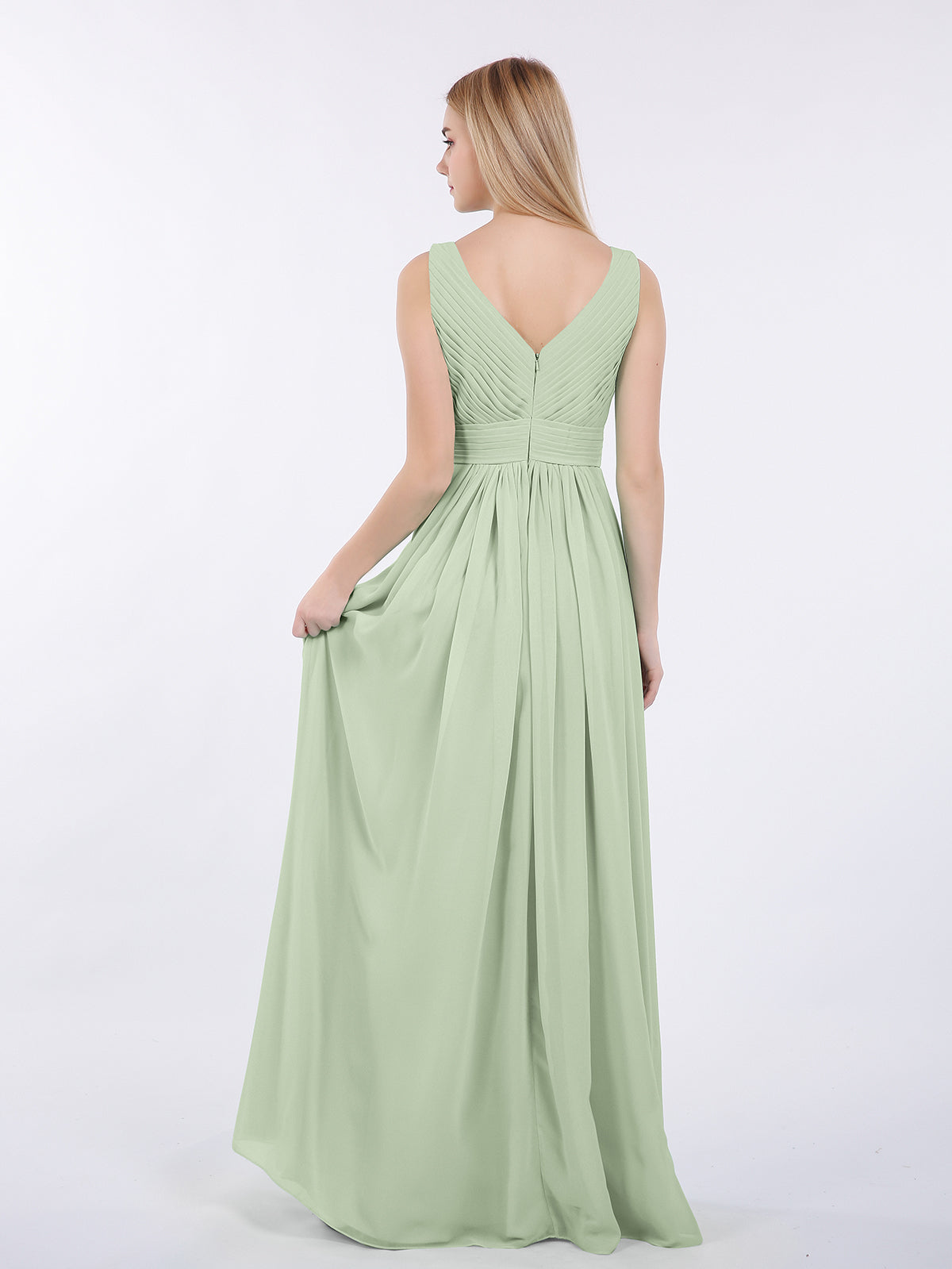 V-neck Full Length Chiffon Dress with Pleated Bodice Dusty Sage