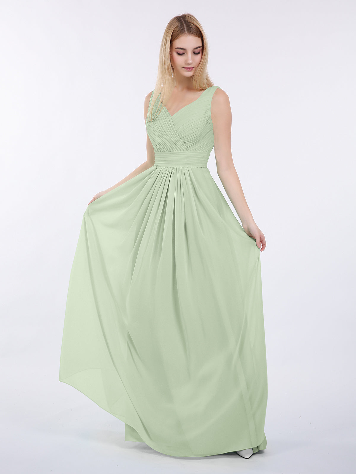 V-neck Full Length Chiffon Dress with Pleated Bodice Dusty Sage