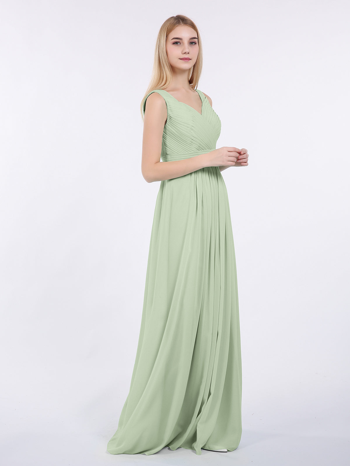 V-neck Full Length Chiffon Dress with Pleated Bodice Dusty Sage
