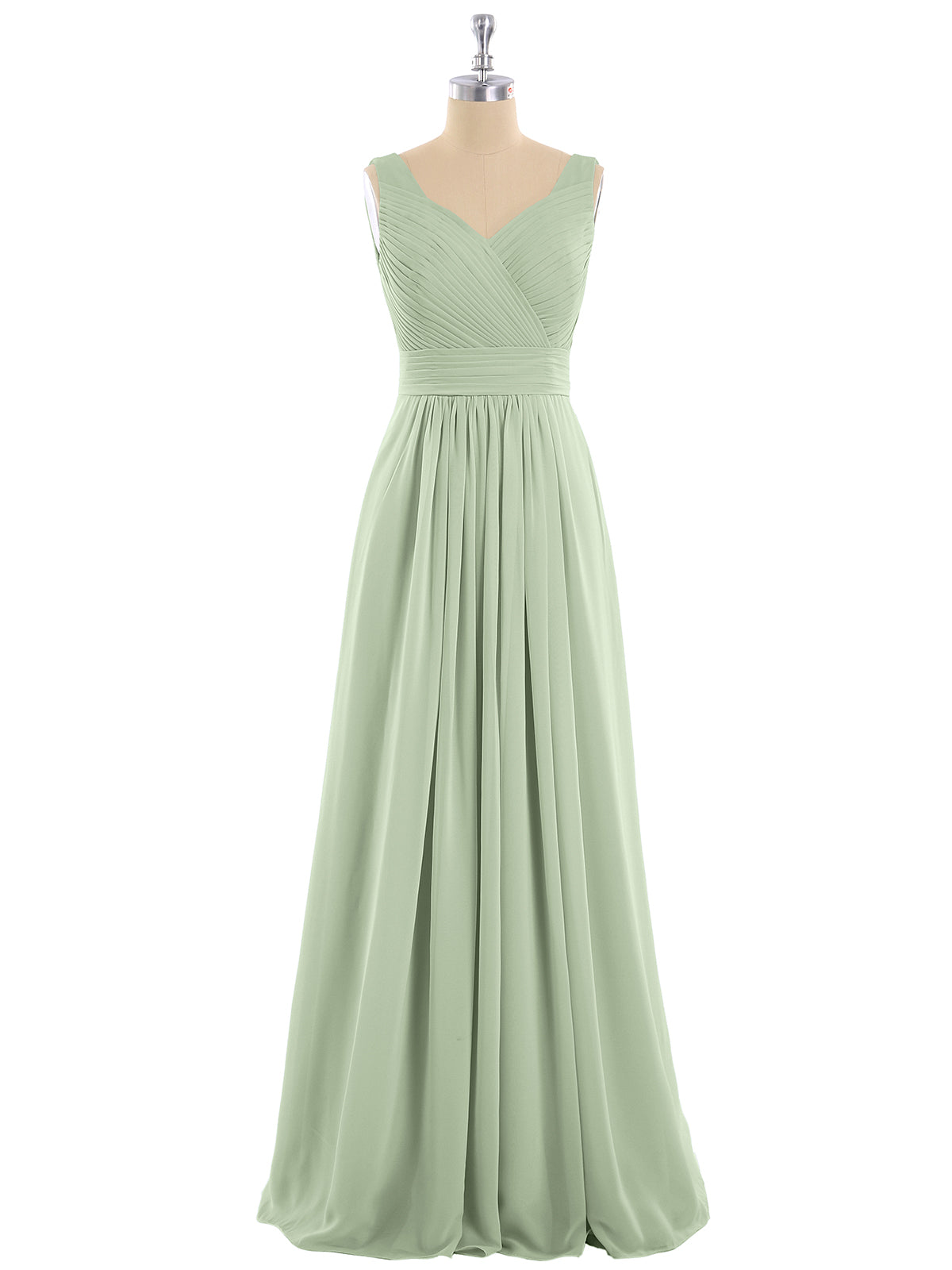V-neck Full Length Chiffon Dress with Pleated Bodice Dusty Sage