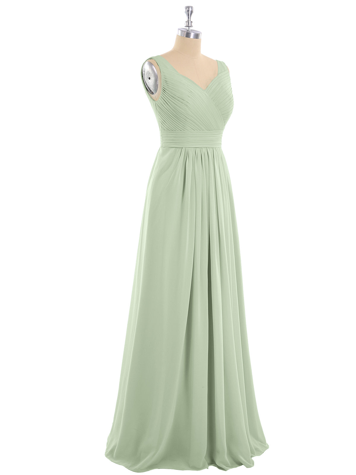 V-neck Full Length Chiffon Dress with Pleated Bodice Dusty Sage