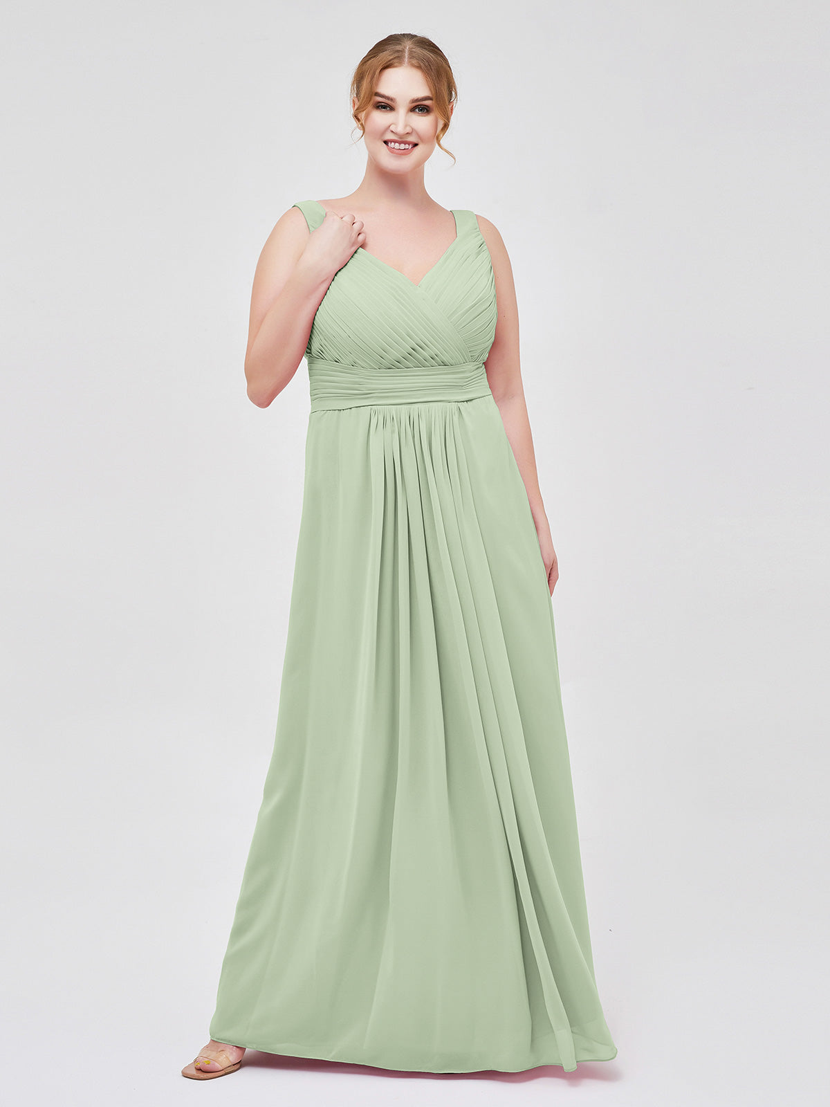 V-neck Full Length Chiffon Dress with Pleated Bodice Dusty Sage