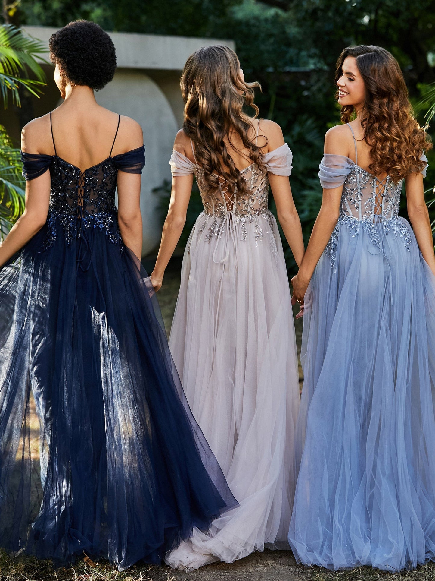 Lace Up Back Off Shoulder Tulle Prom Dresses Dark Navy