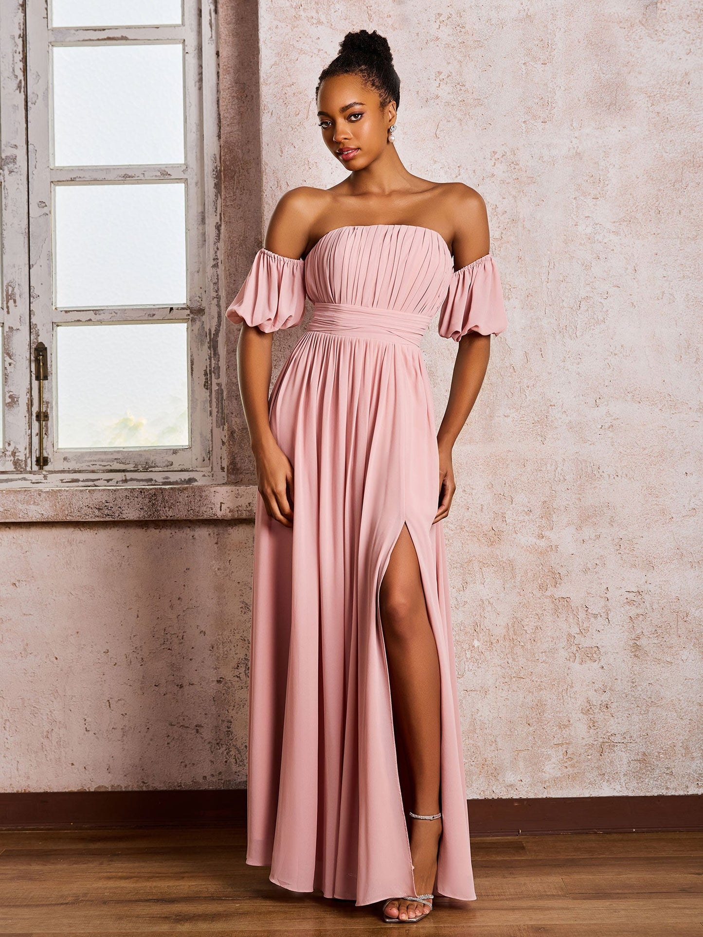 Flutter Sleeves Square Chiffon Dresses With Slit Dusty Rose