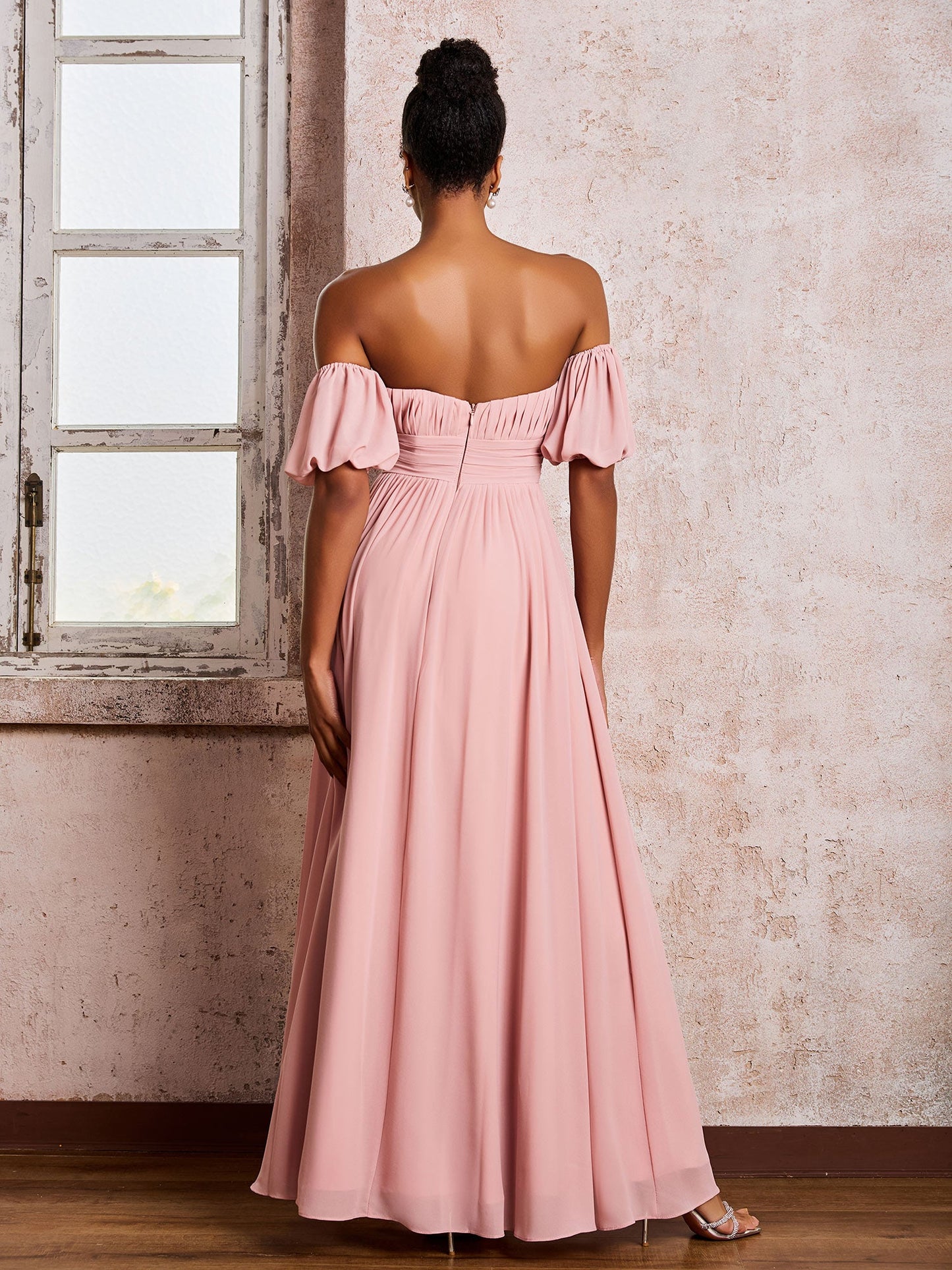 Flutter Sleeves Square Chiffon Dresses With Slit Dusty Rose