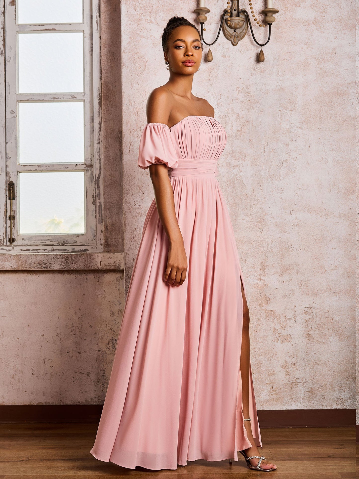 Flutter Sleeves Square Chiffon Dresses With Slit Dusty Rose