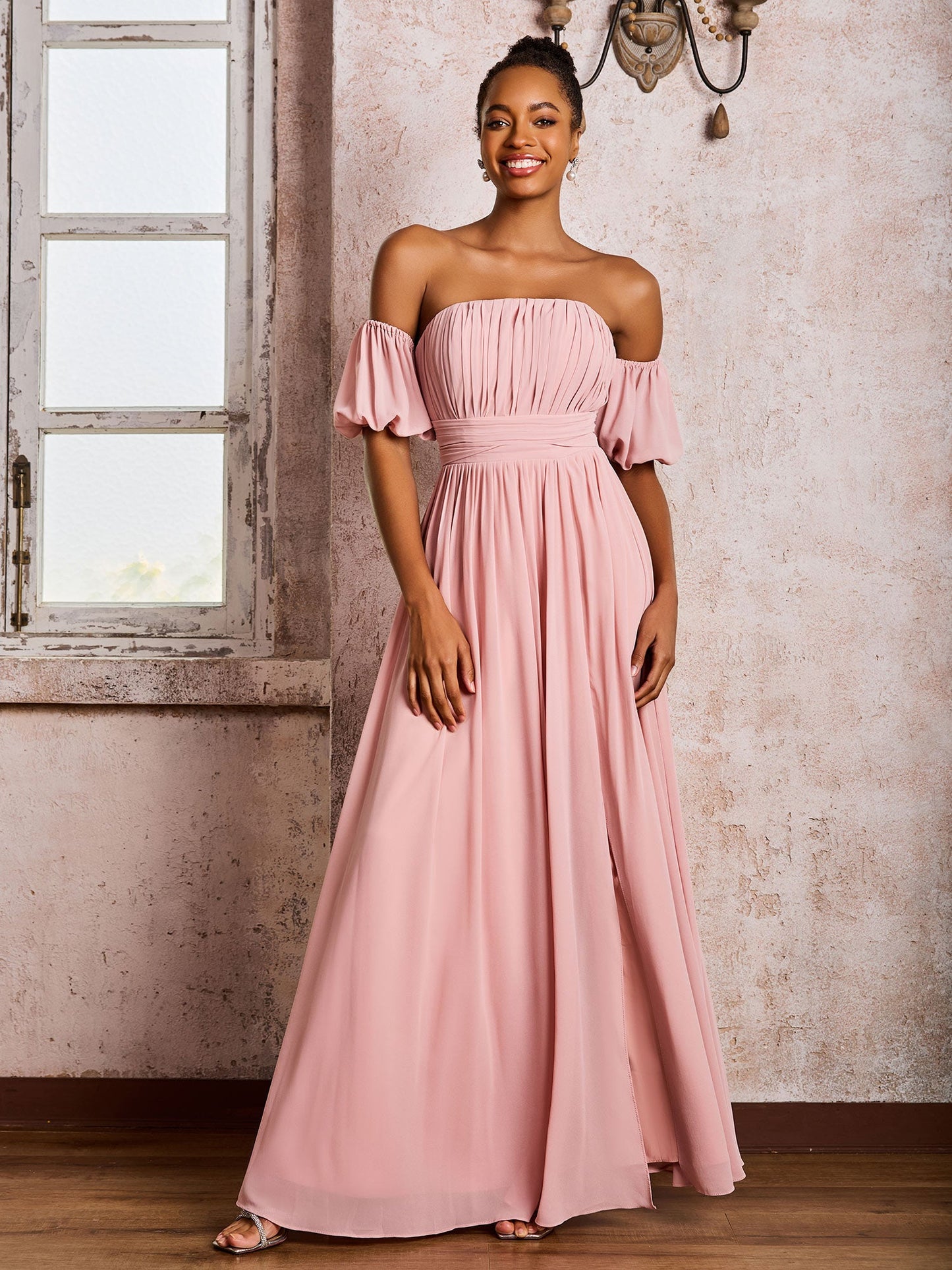 Flutter Sleeves Square Chiffon Dresses With Slit Dusty Rose