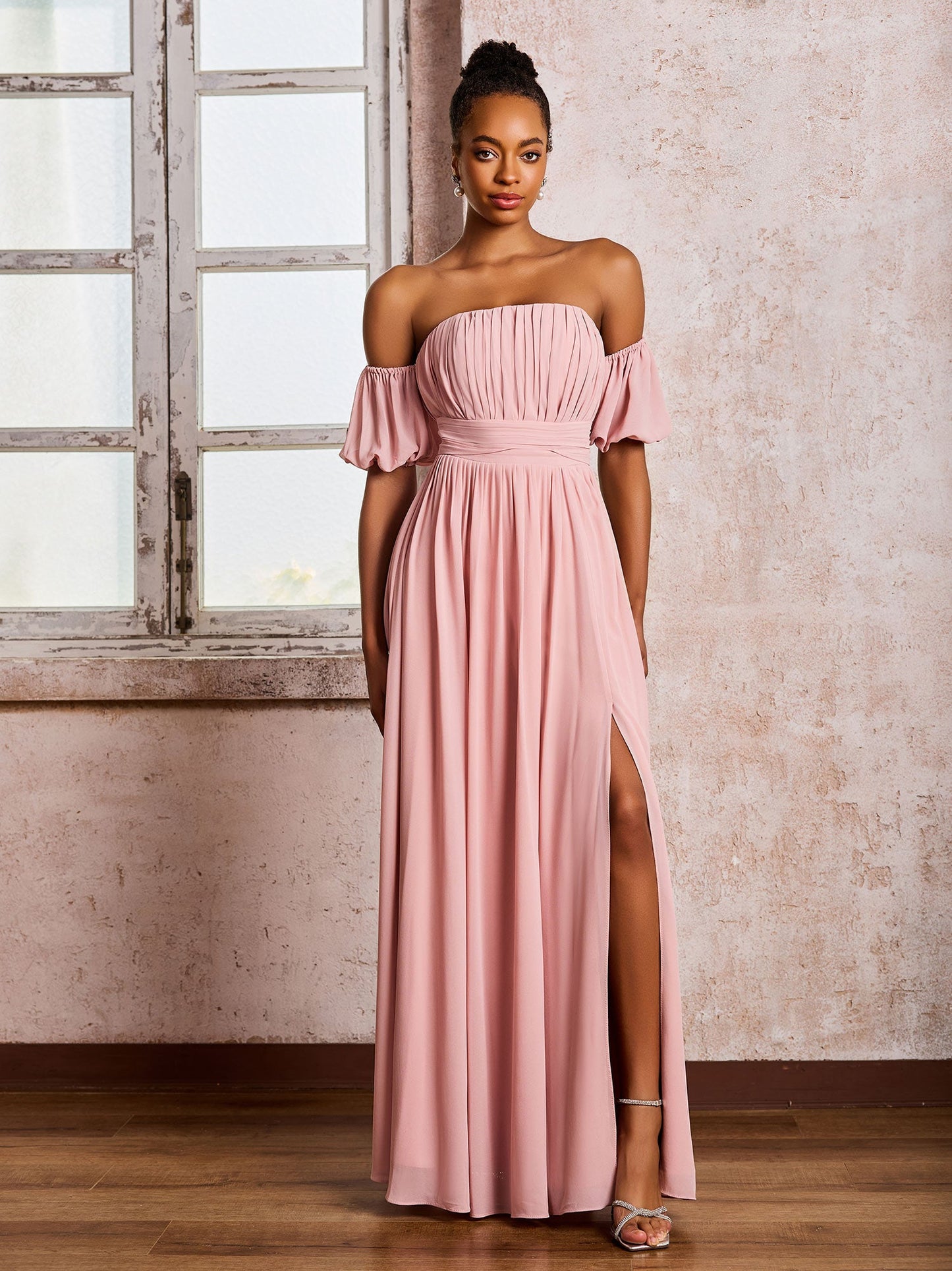 Flutter Sleeves Square Chiffon Dresses With Slit Dusty Rose