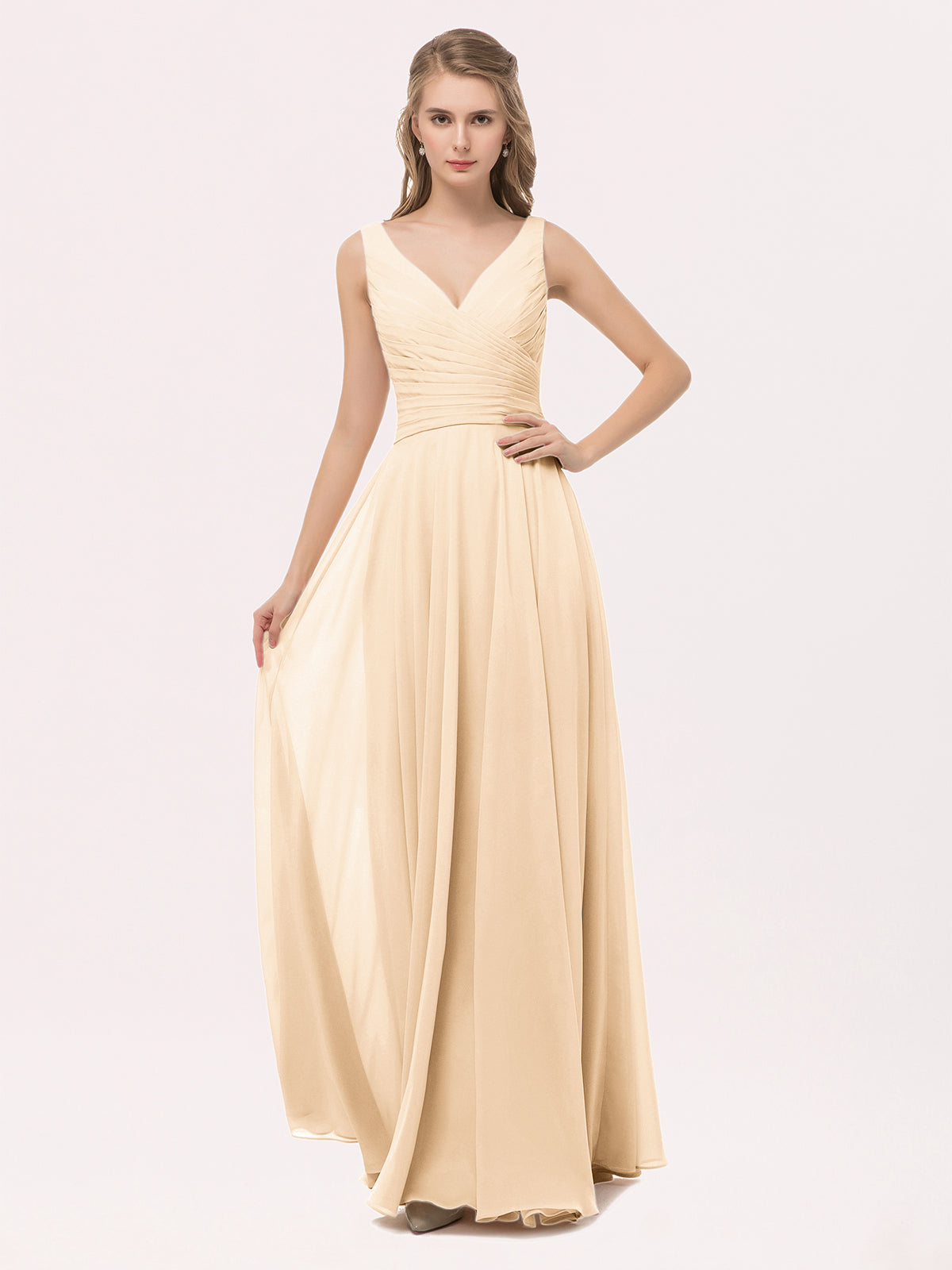 V Neck Long Chiffon Dress with Bow Peach