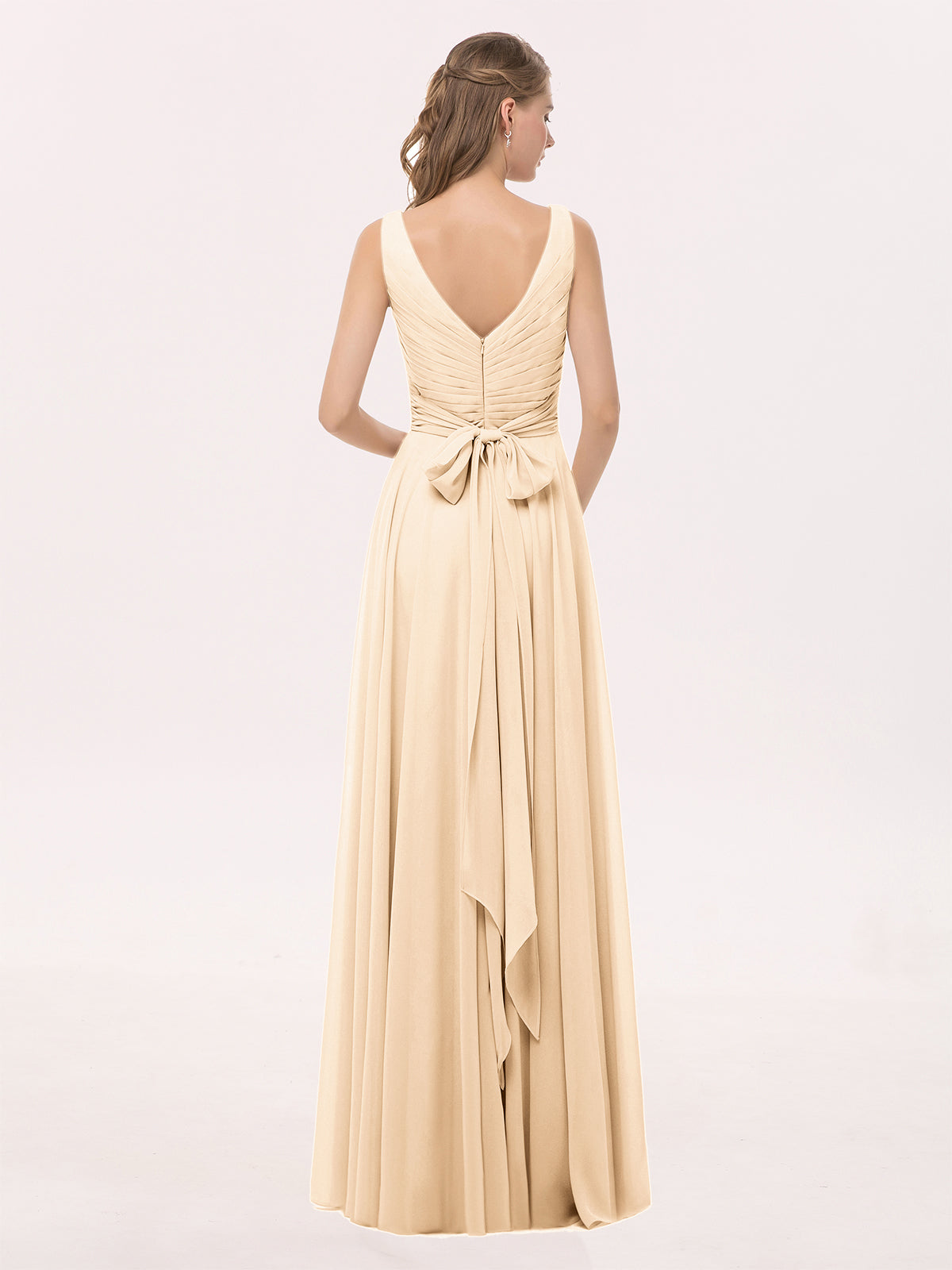V Neck Long Chiffon Dress with Bow Peach