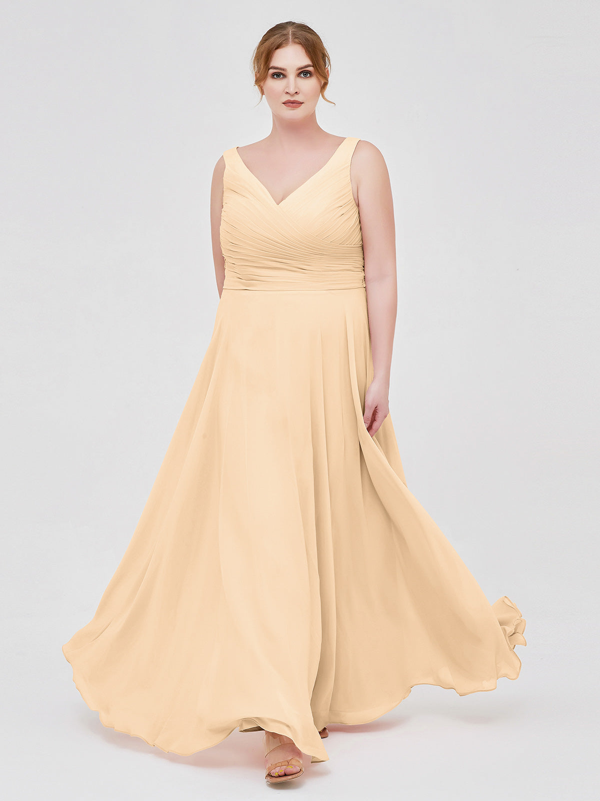 V Neck Long Chiffon Dress with Bow Peach
