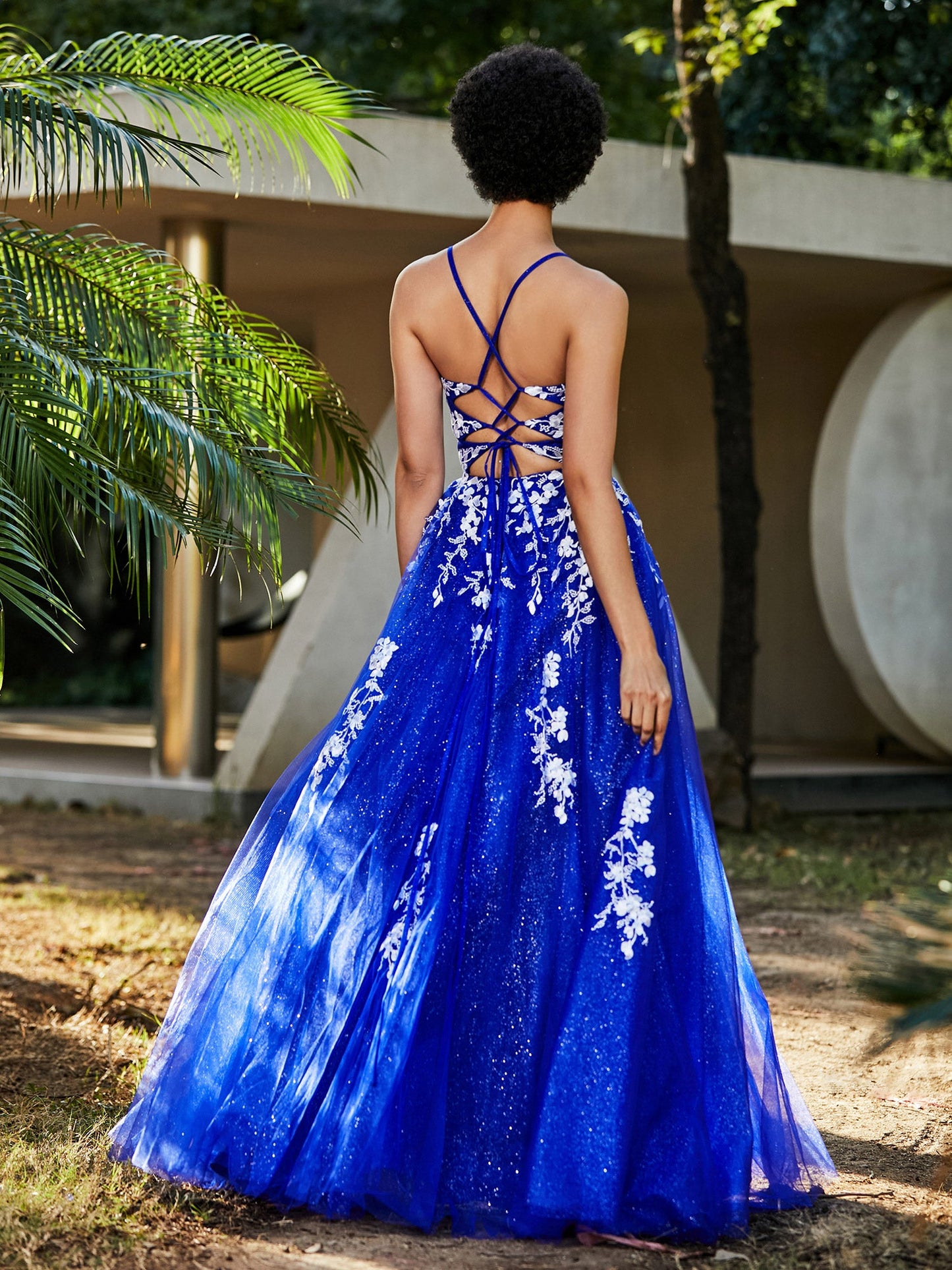 Lace Applique High Slit Tulle Dress Royal Blue