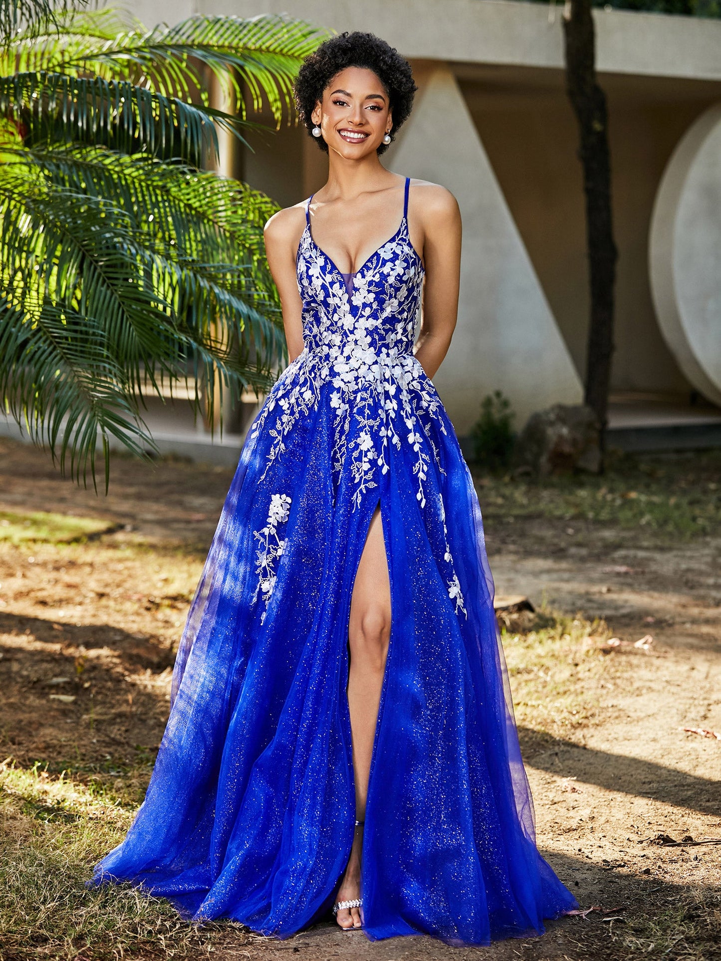 Lace Applique High Slit Tulle Dress Royal Blue