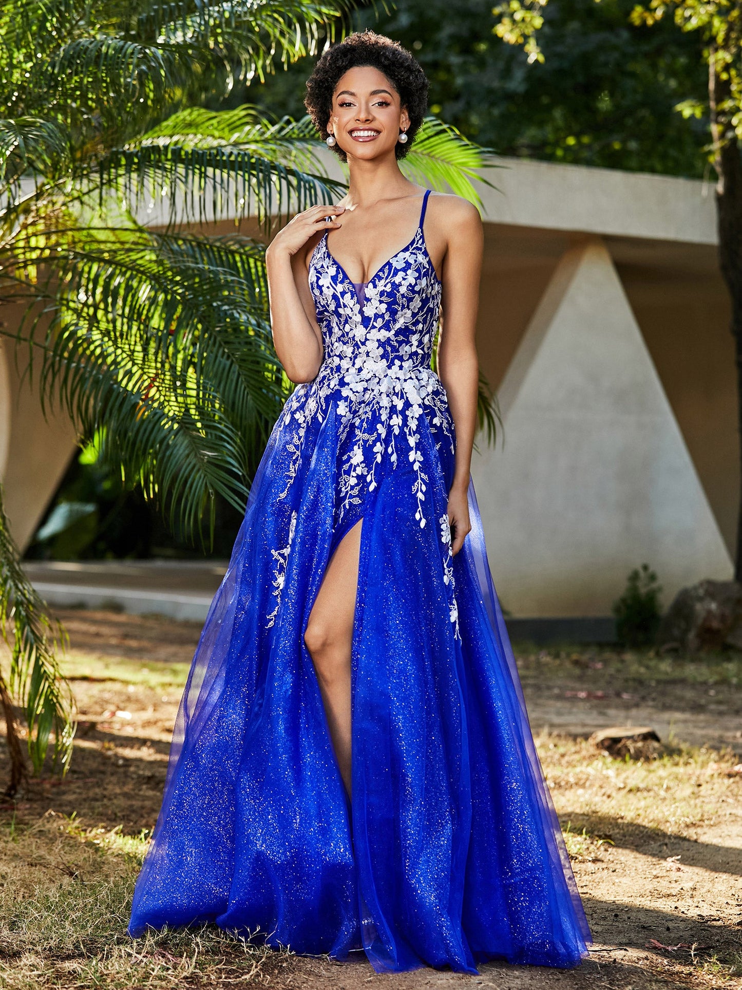 Lace Applique High Slit Tulle Dress Royal Blue