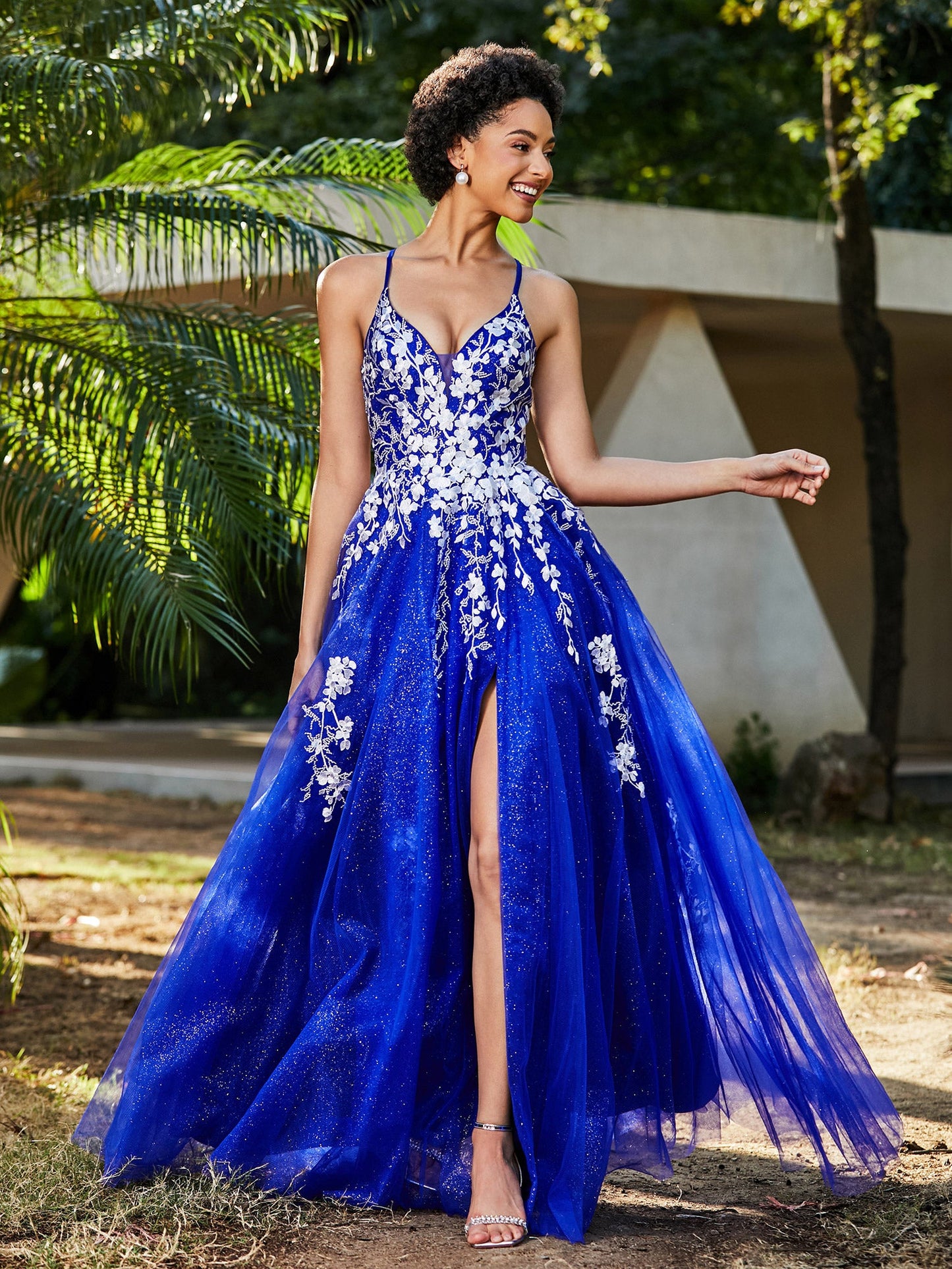 Lace Applique High Slit Tulle Dress Royal Blue