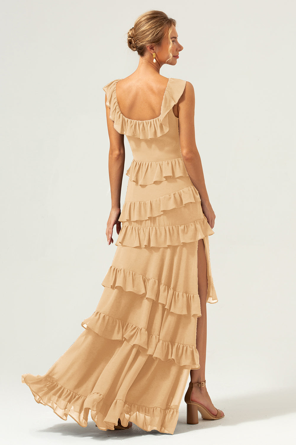 Burgundy A-Line Ruffleed Chiffon Long Bridesmaid Dress with Slit