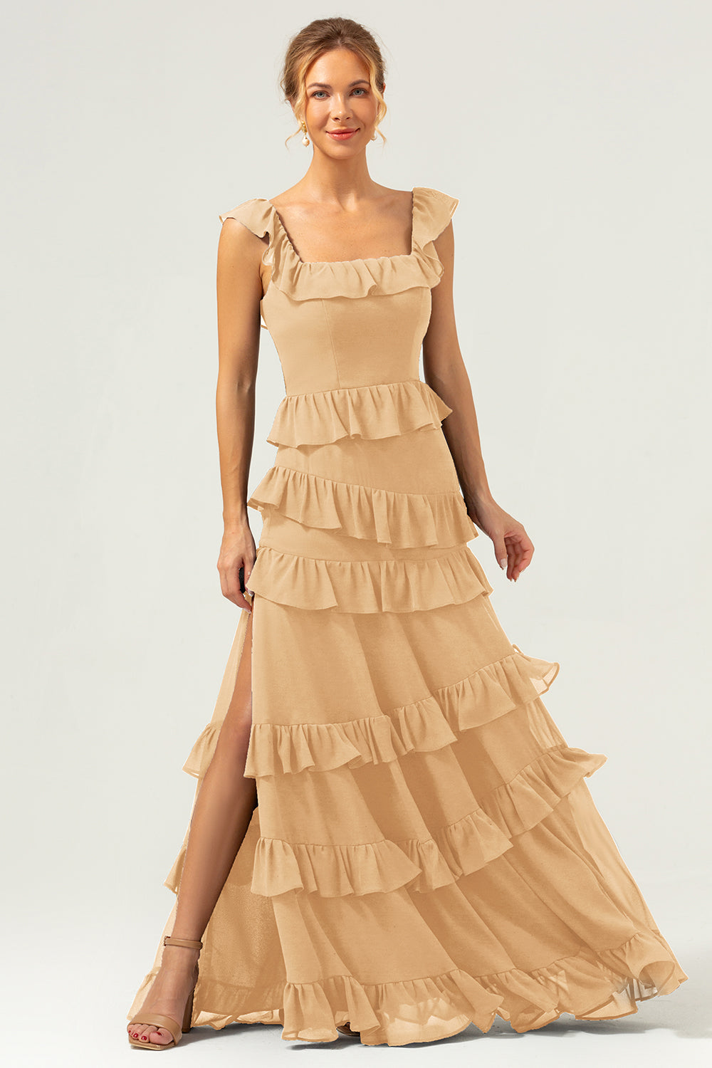 Burgundy A-Line Ruffleed Chiffon Long Bridesmaid Dress with Slit