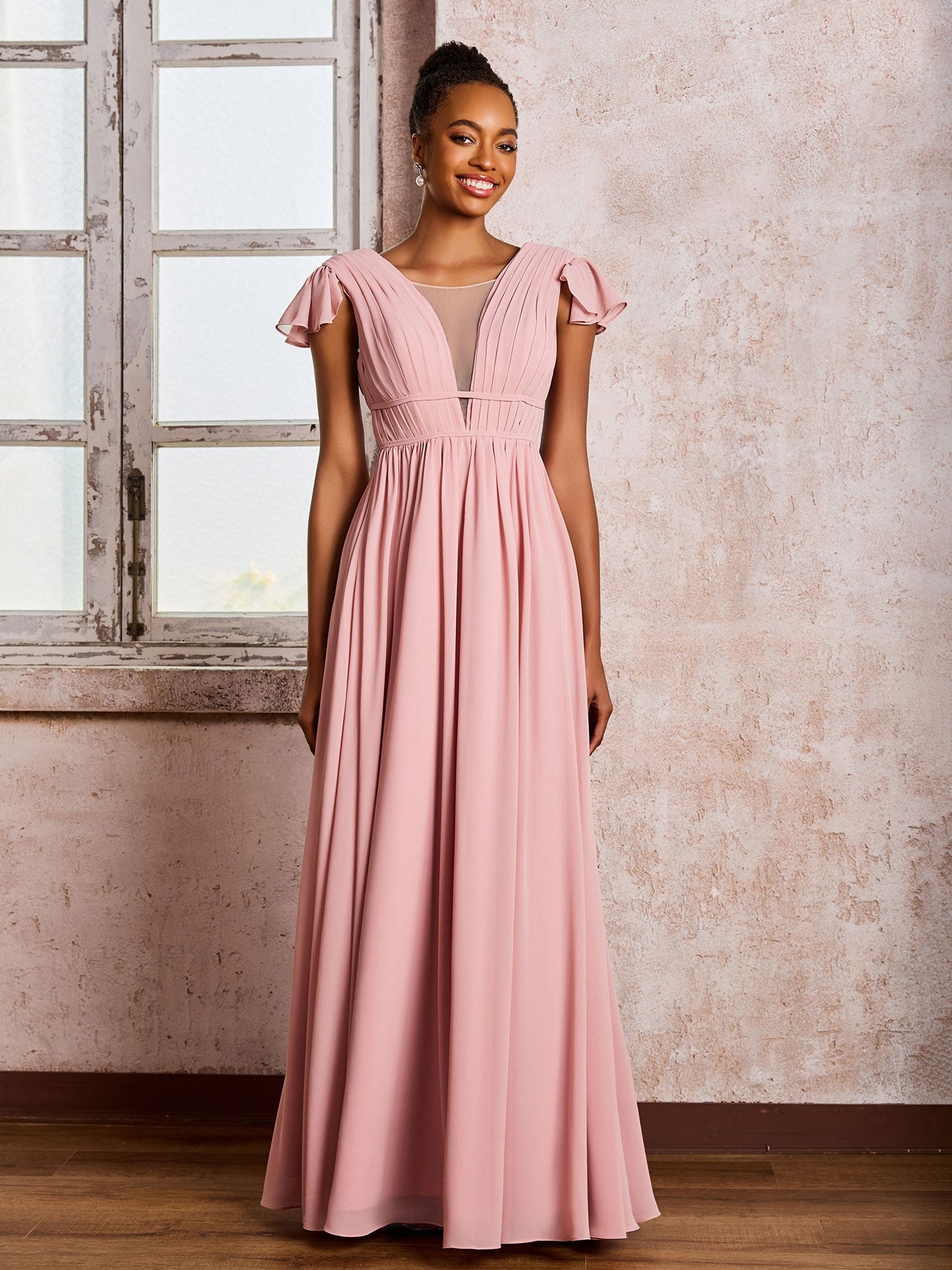 Flutter Sleeves Plunging V-neck Pleated A-line Dresses with Belt Dusty Rose
