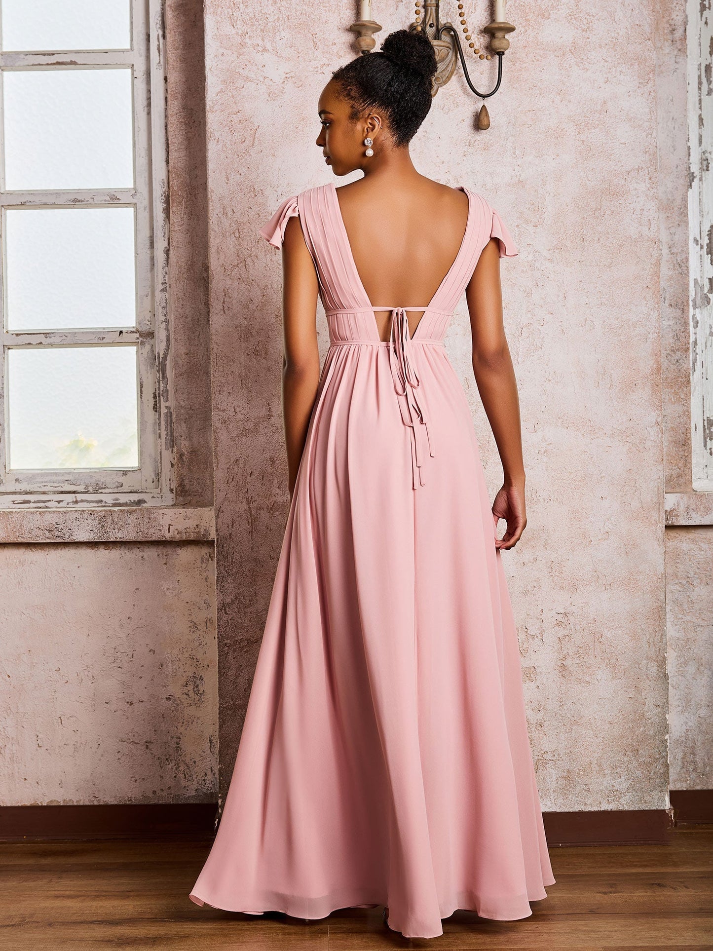 Flutter Sleeves Plunging V-neck Pleated A-line Dresses with Belt Dusty Rose
