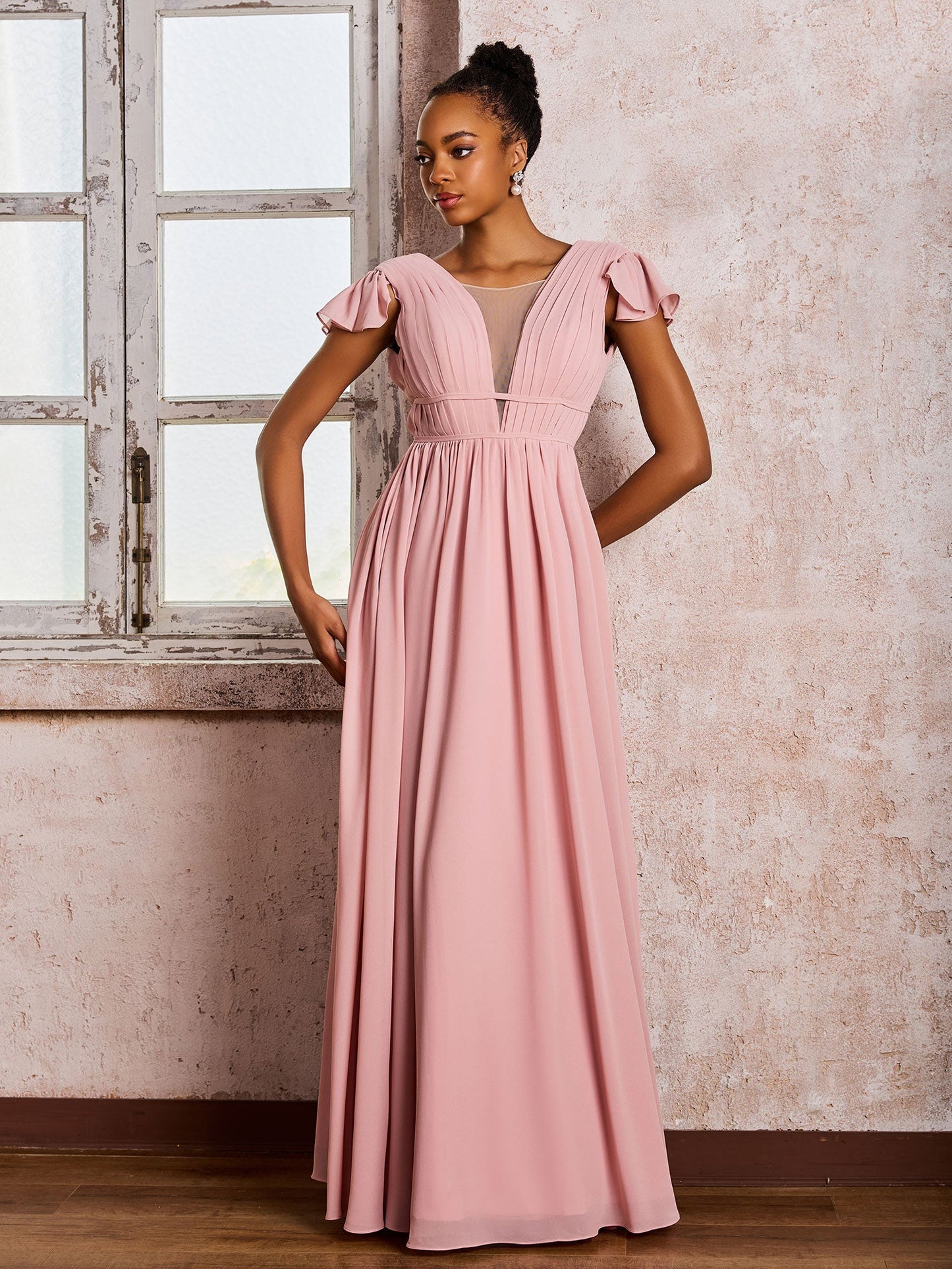 Flutter Sleeves Plunging V-neck Pleated A-line Dresses with Belt Dusty Rose