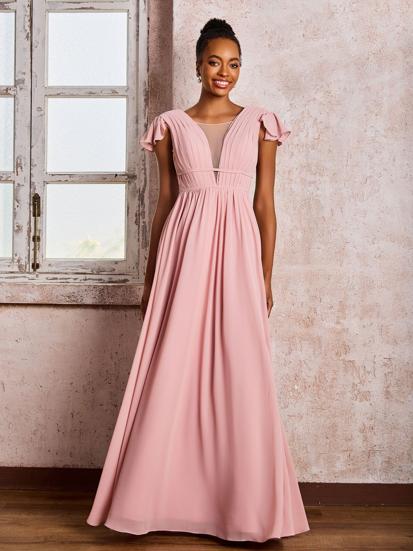 Flutter Sleeves Plunging V-neck Pleated A-line Dresses with Belt Dusty Rose