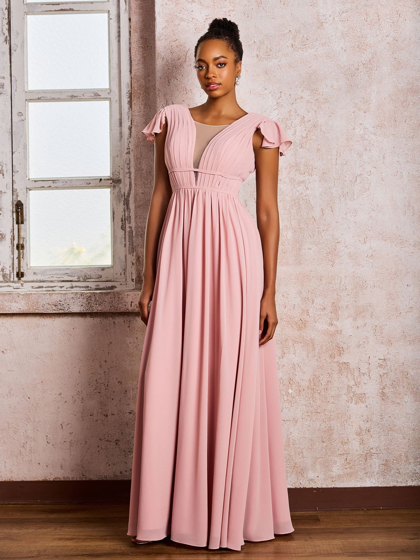 Flutter Sleeves Plunging V-neck Pleated A-line Dresses with Belt Dusty Rose