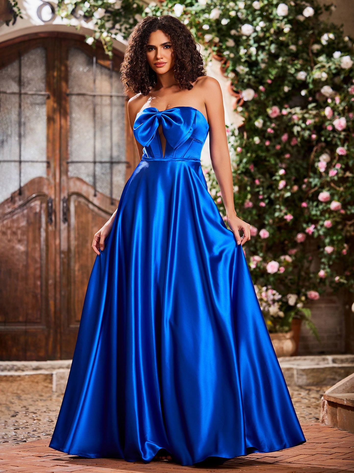 Elegant A-Line Bow Corset Strapless Floor-Length Prom Dresses Royal Blue