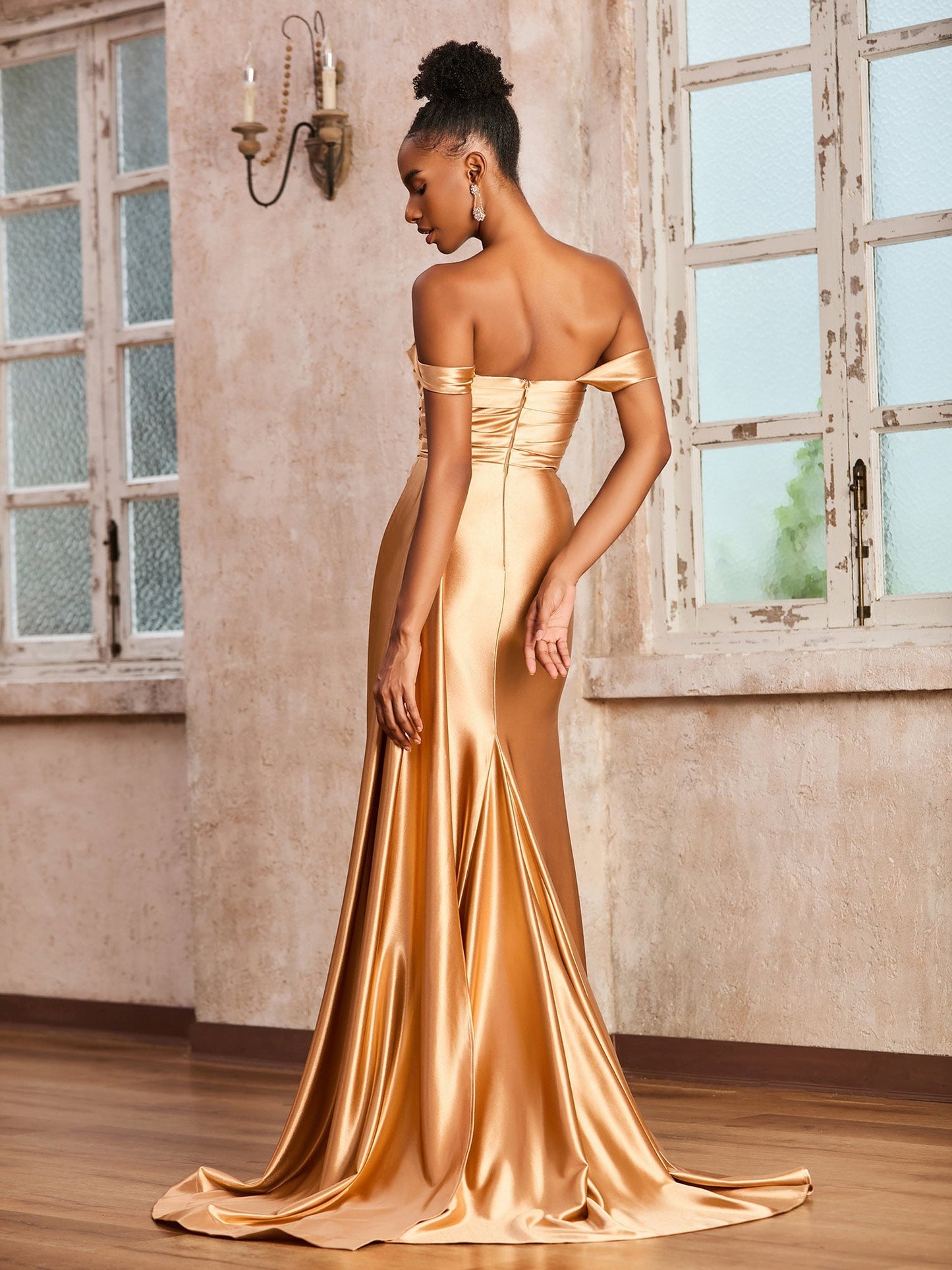 Off Shoulder Stretch Satin Dress with Sweep Train Tangerine